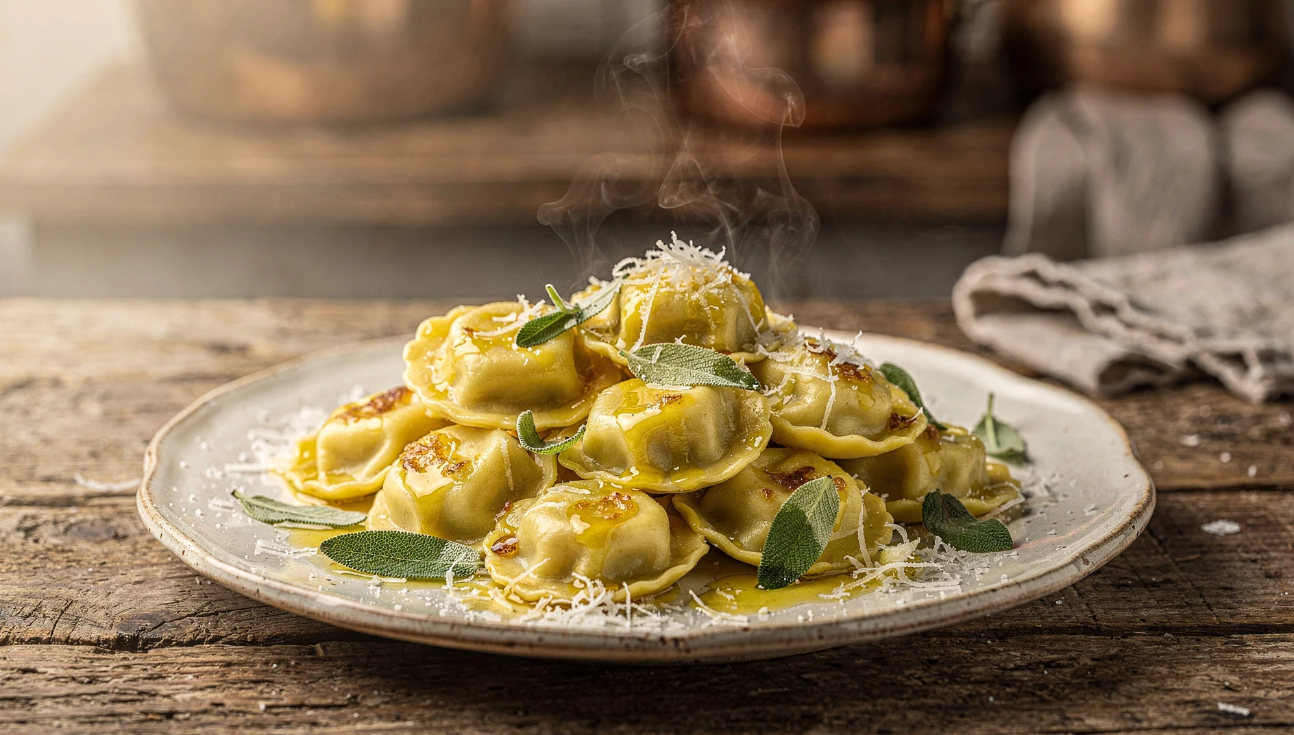 Plato de agnolotti del plin piamonteses con mantequilla, salvia y parmesano sobre mesa de madera