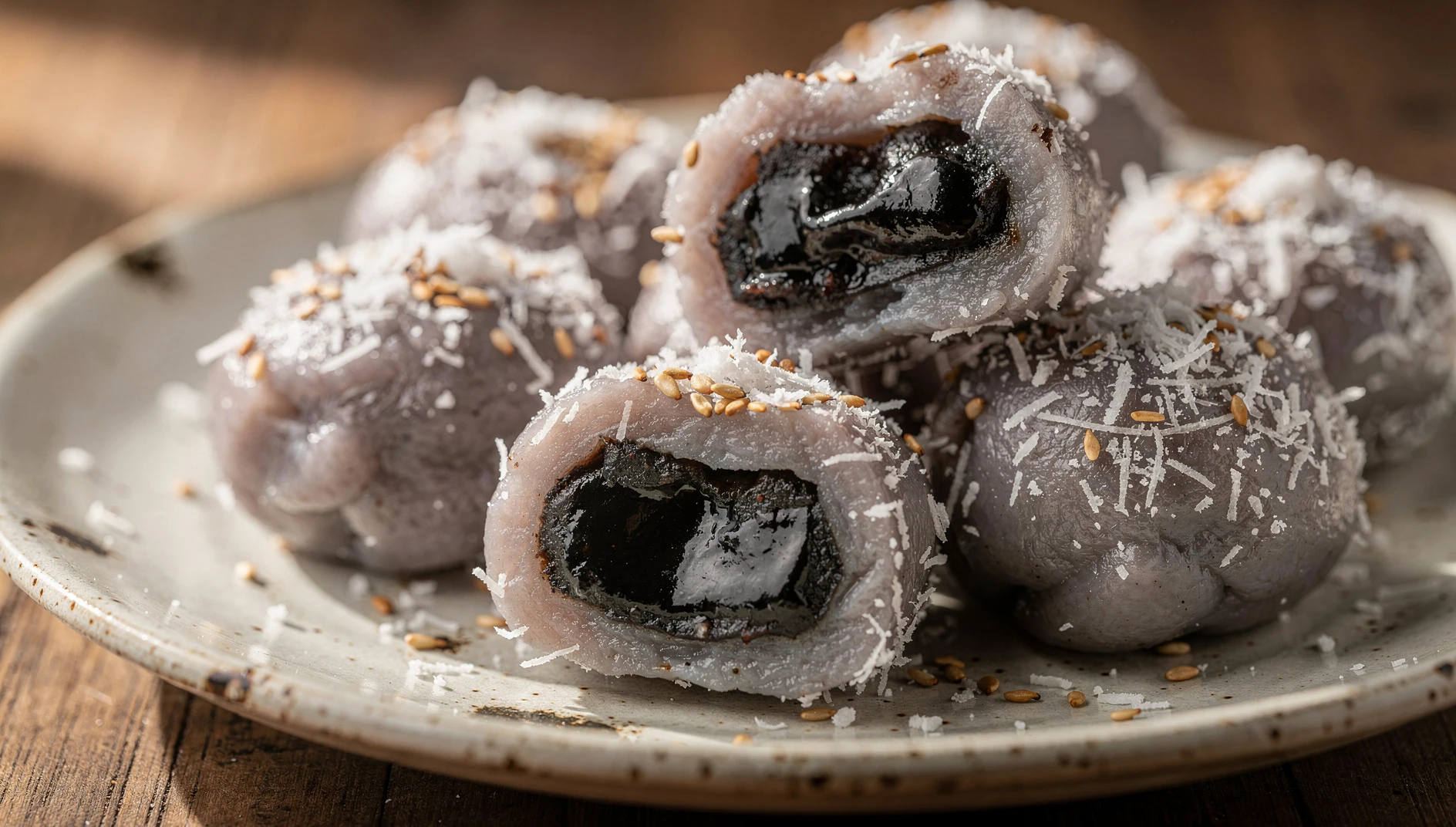 Aiwowo de Beijing, bolitas de arroz glutinoso al vapor rellenas de pasta de sésamo negro y cubiertas de coco rallado