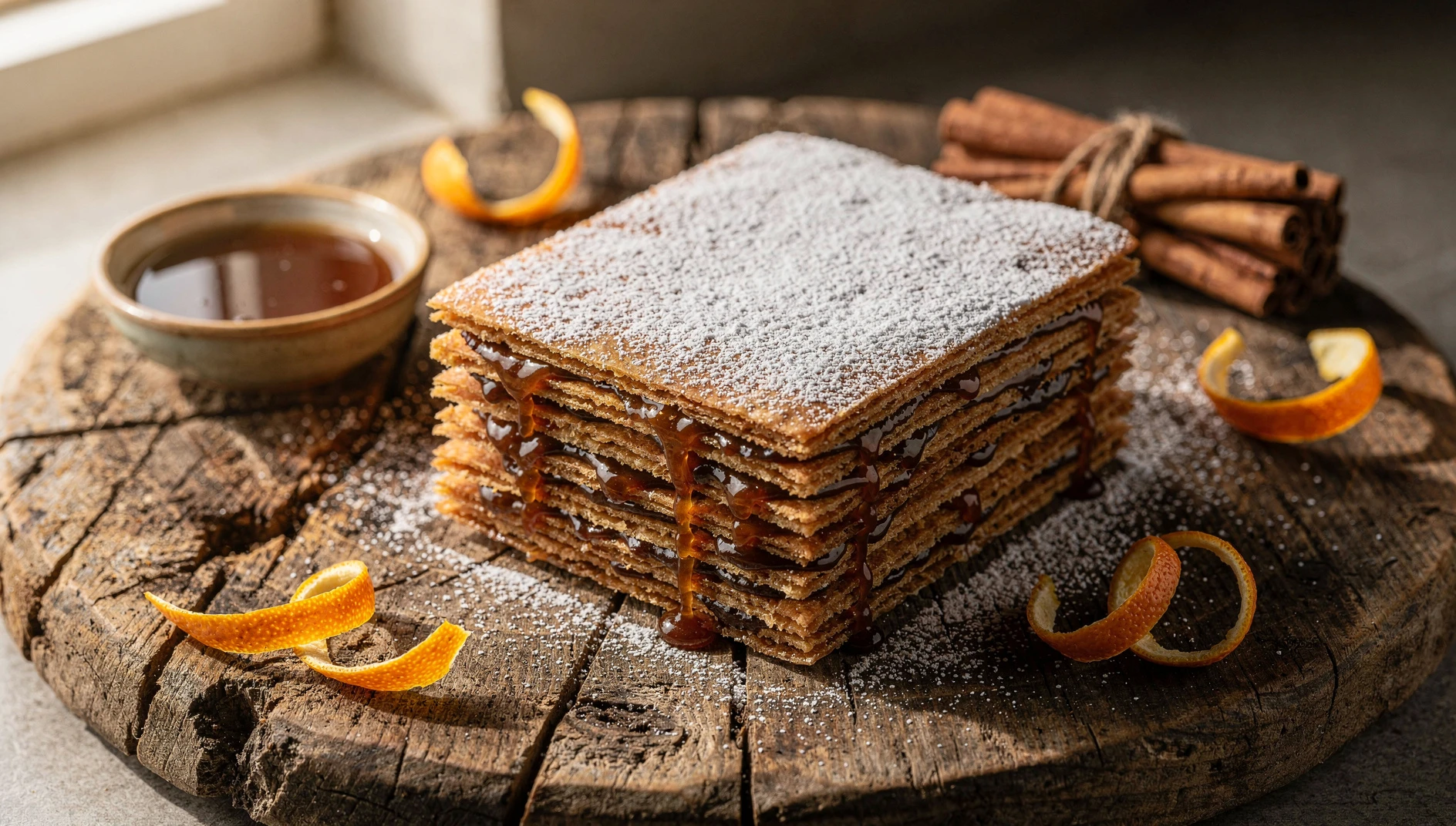 Alfajor de penco moqueguano con múltiples capas finas espolvoreado con azúcar impalpable y relleno de miel de chancaca