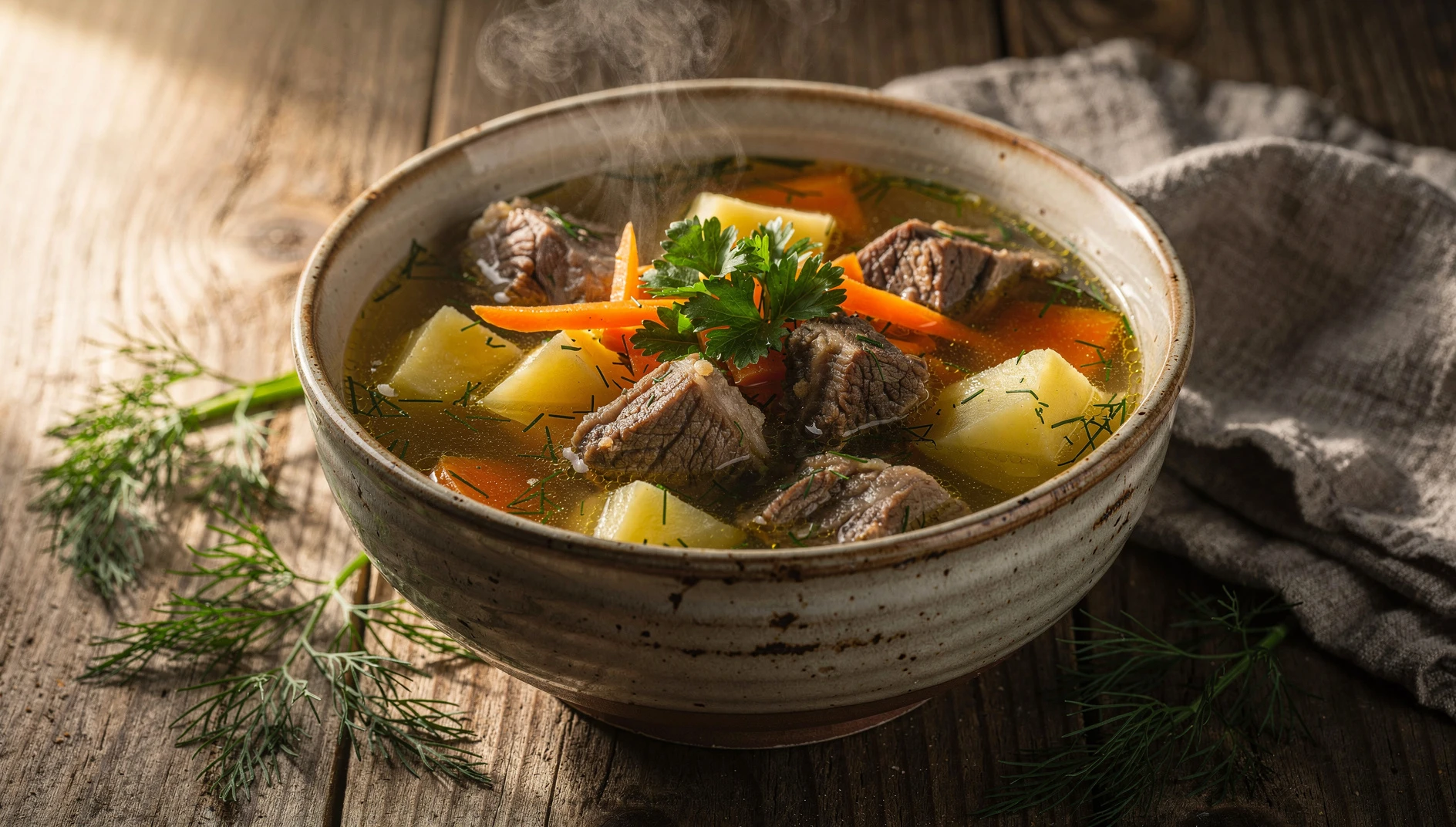 Bol de sopa crimeotártara Alyushkie Shorbasy con cordero, patatas y hierbas frescas