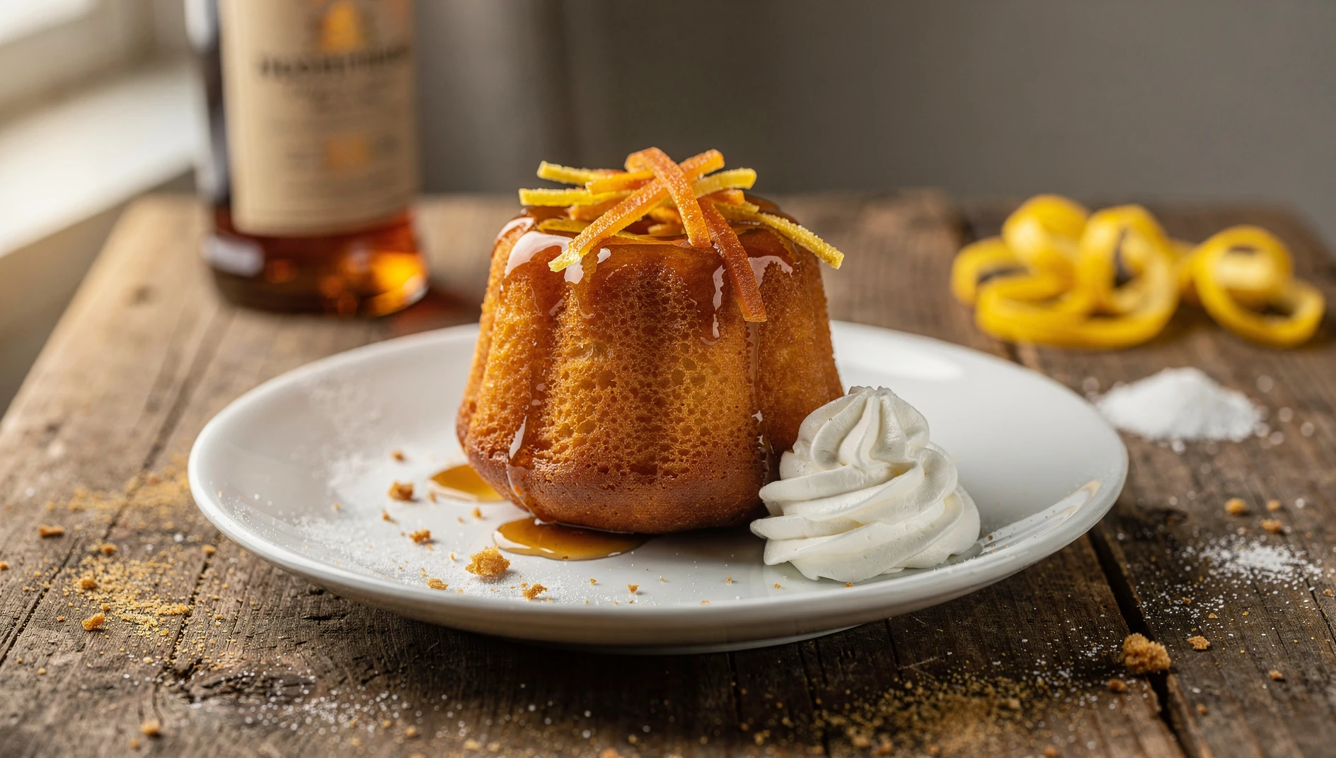 Babà al rum napoletano brillante y dorado sobre plato blanco, decorado con frutas confitadas y nata montada