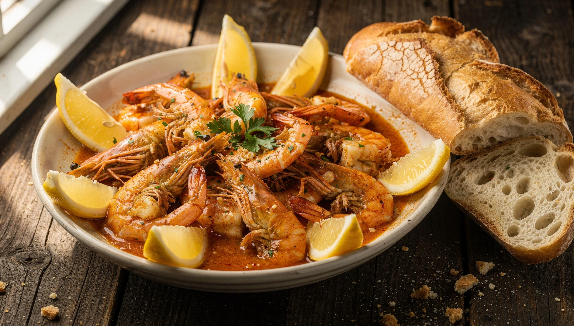 Camarones de barbecue estilo Nueva Orleans en salsa de mantequilla especiada servidos con pan francés crujiente