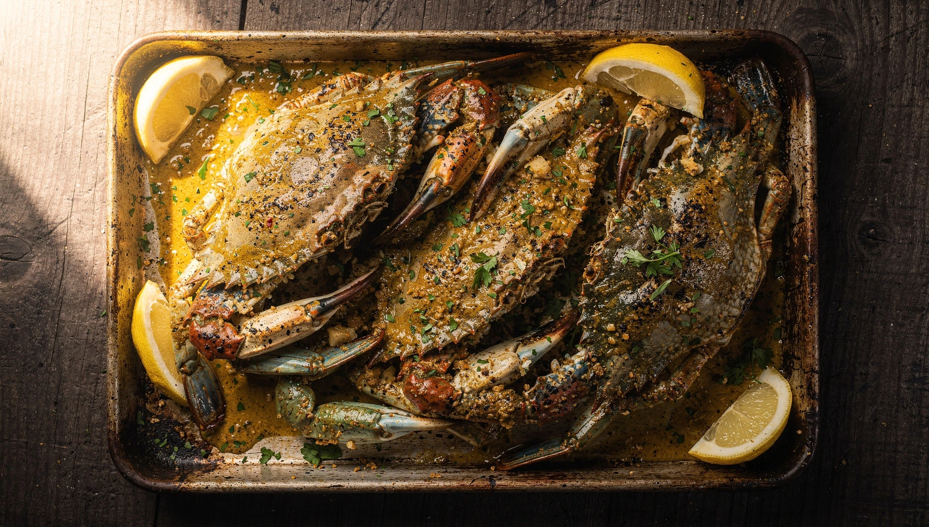 Cangrejos azules al horno bañados en salsa de mantequilla, ajo y especias al estilo del sureste de Texas