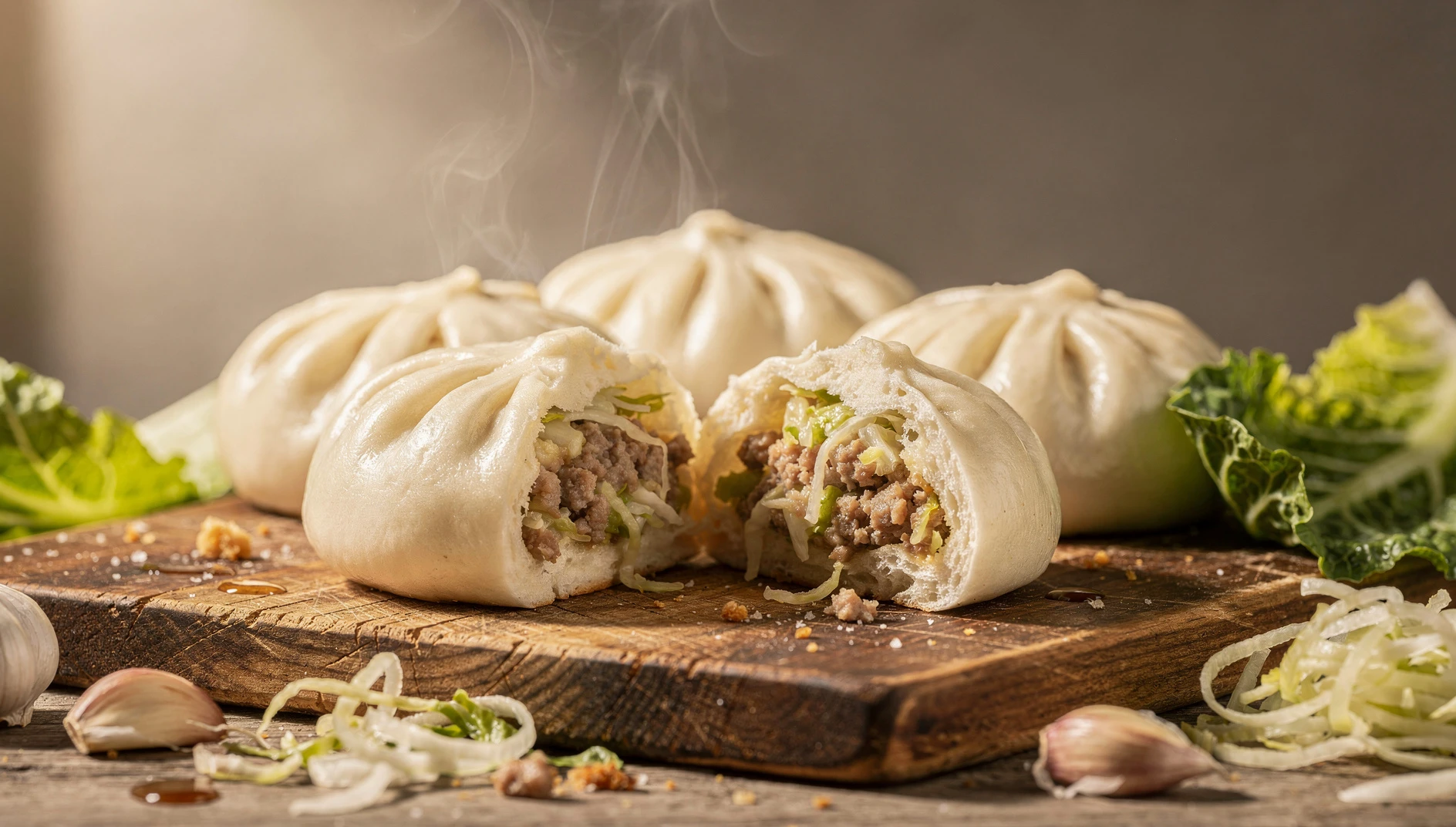 Bollos begodya al vapor sobre tabla de madera con repollo y ajo alrededor