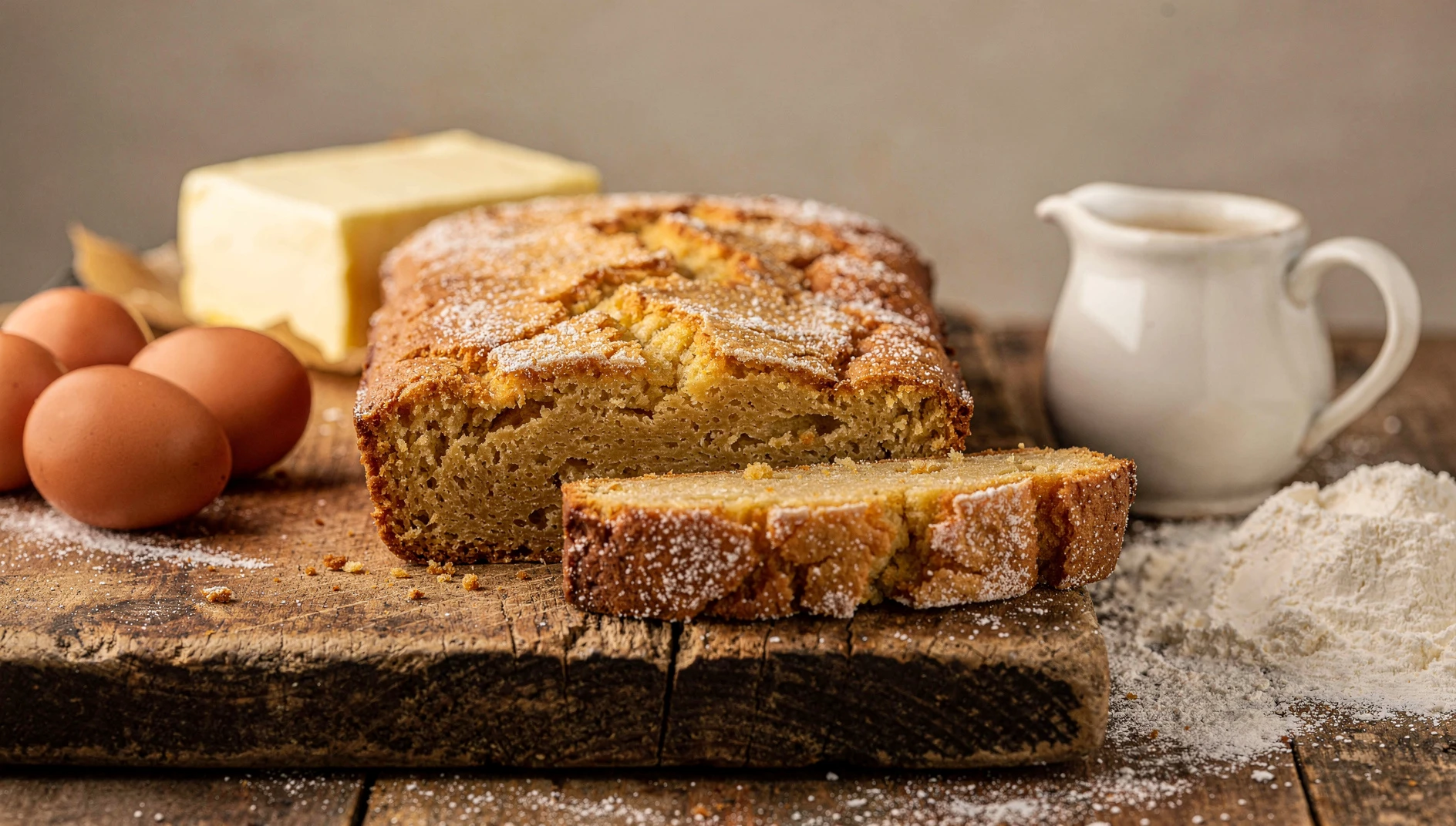 Bica gallega cortada en porciones sobre una tabla de madera con ingredientes tradicionales alrededor