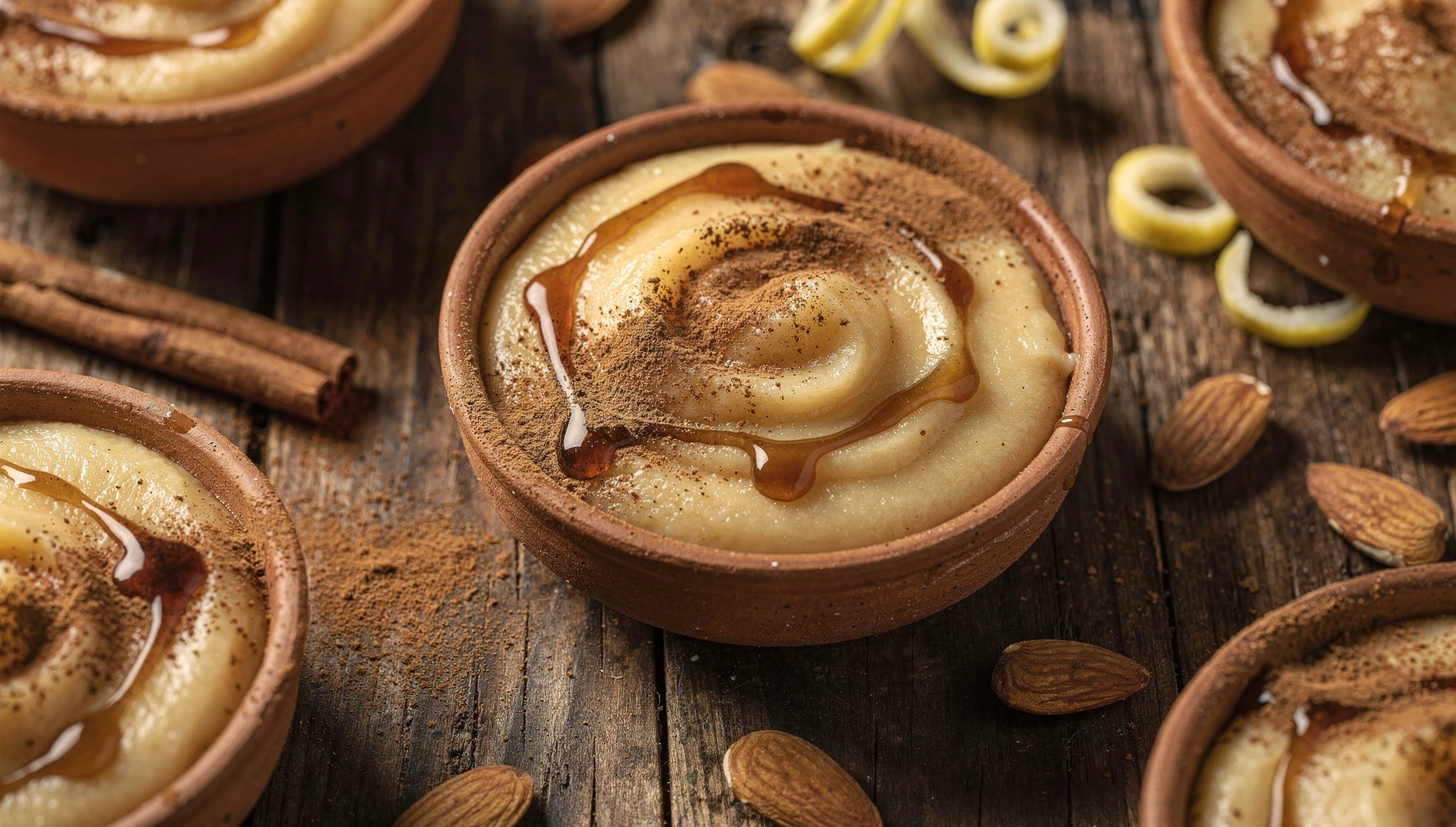 Bienmesabe canario tradicional en cuencos de barro con almendras y canela
