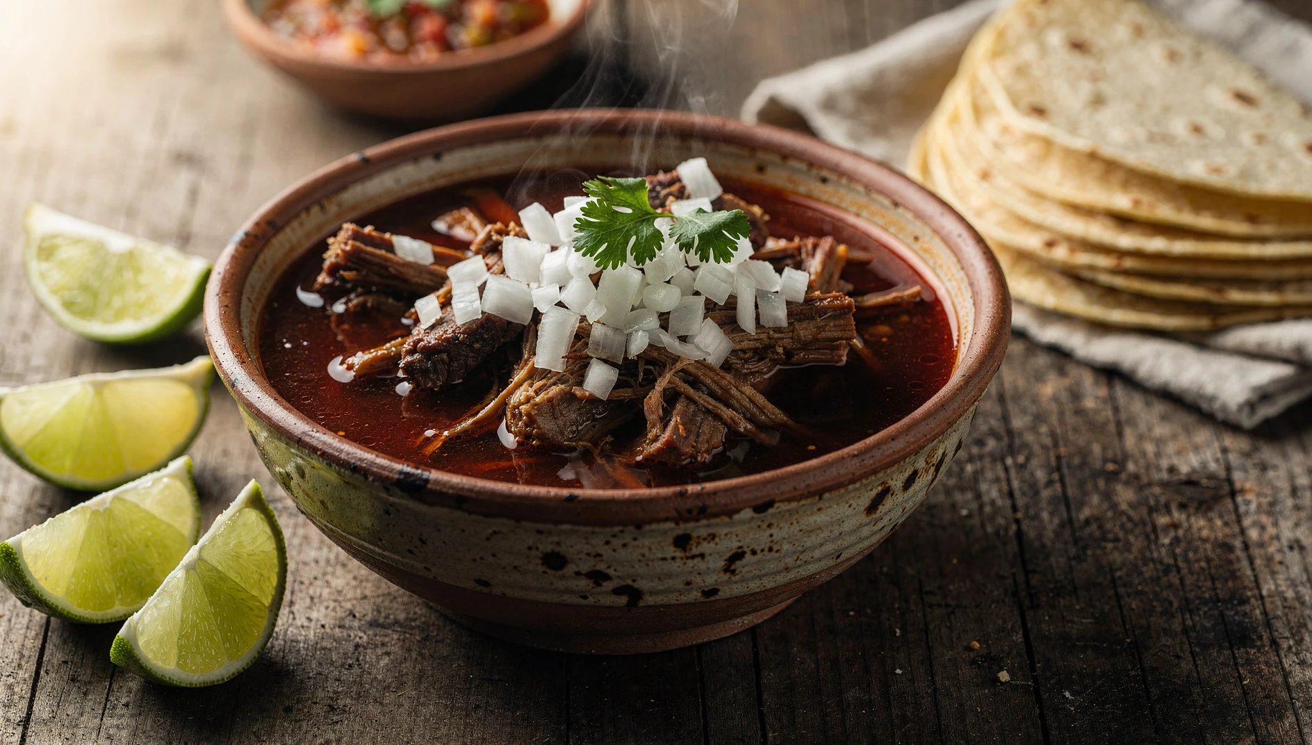 Birria de chivo estilo Jalisco servida en cazuela de barro con consomé, cebolla, cilantro y tortillas de maíz