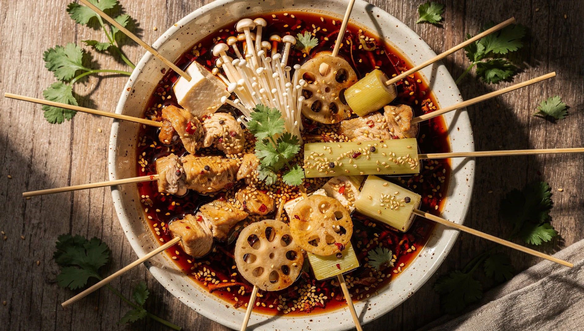 Brochetas frías de Bo bo ji en salsa aromática roja de Sichuan con sésamo y cilantro fresco