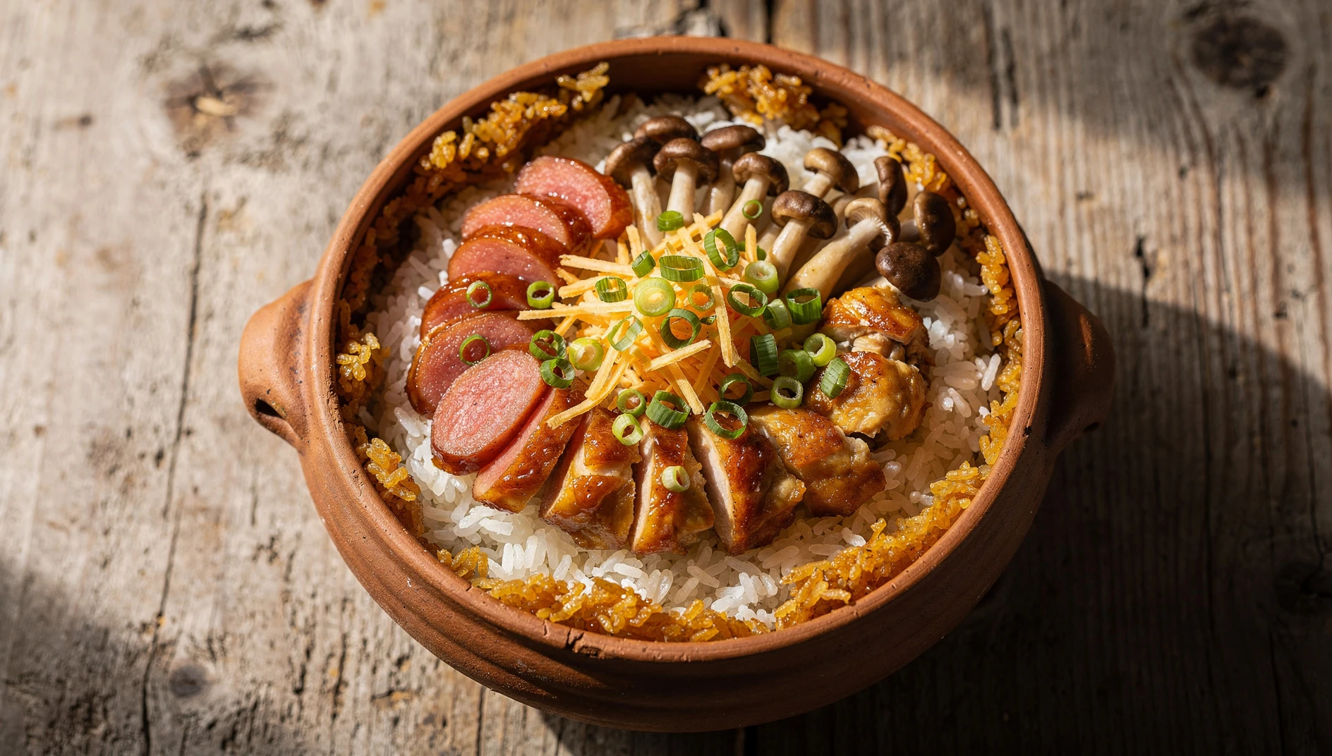 Cazuela de barro con arroz cantonés bo zai fan cubierto de pollo marinado, salchicha china y champiñones shiitake