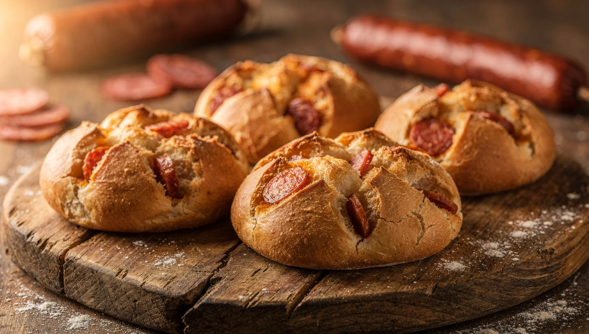Bollos preñaos recién horneados sobre tabla de madera con chorizo asturiano al fondo
