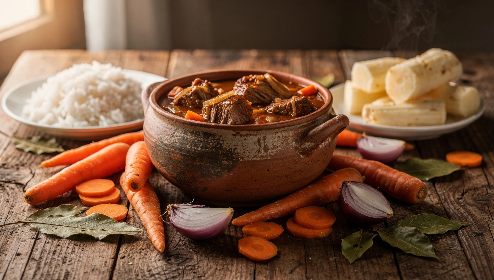 Briala de cerdo oxapampina servida en cazuela rústica con arroz blanco y yuca cocida