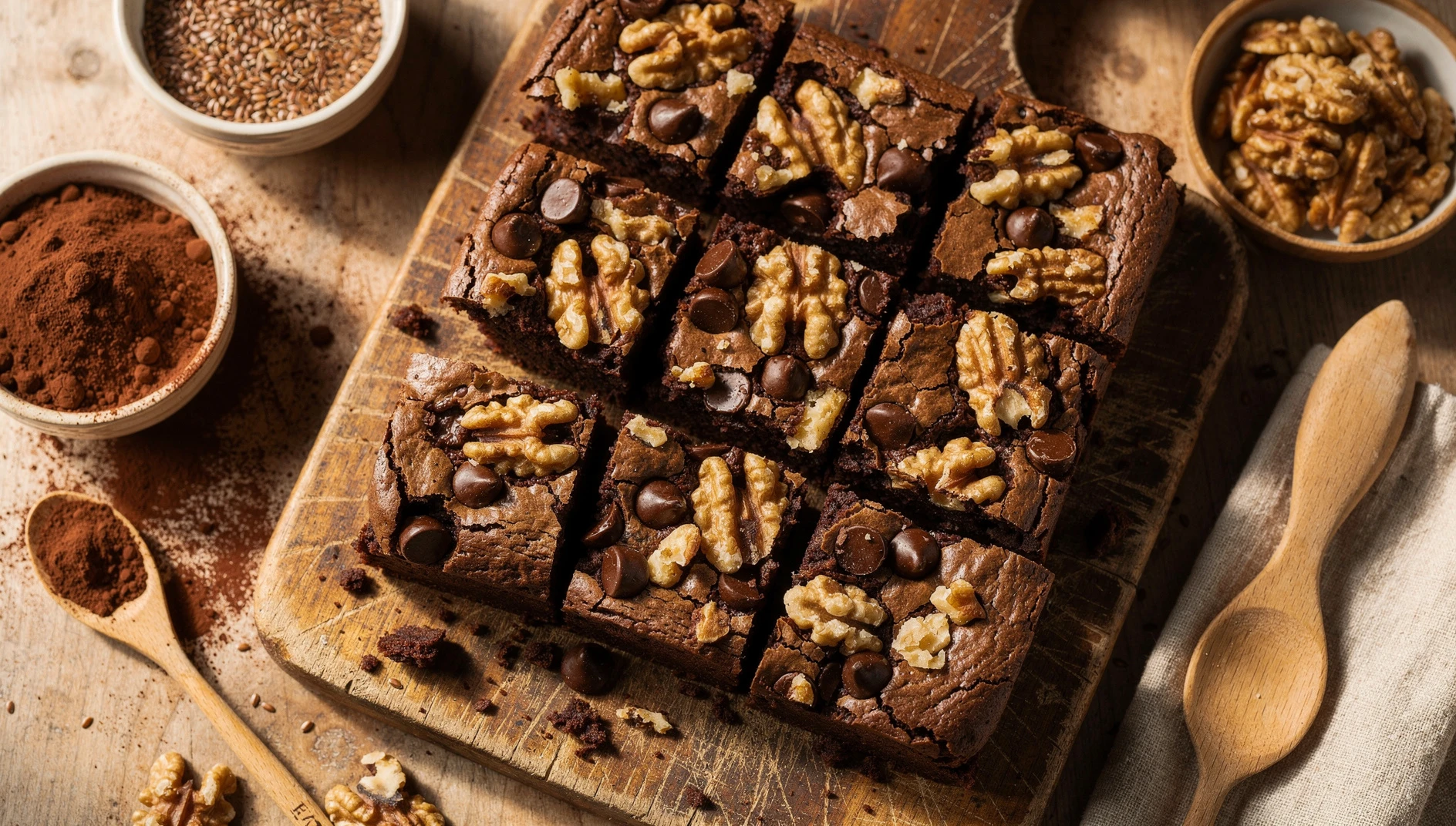 Brownies veganos de chocolate y nueces cortados en cuadrados sobre una tabla de madera rústica