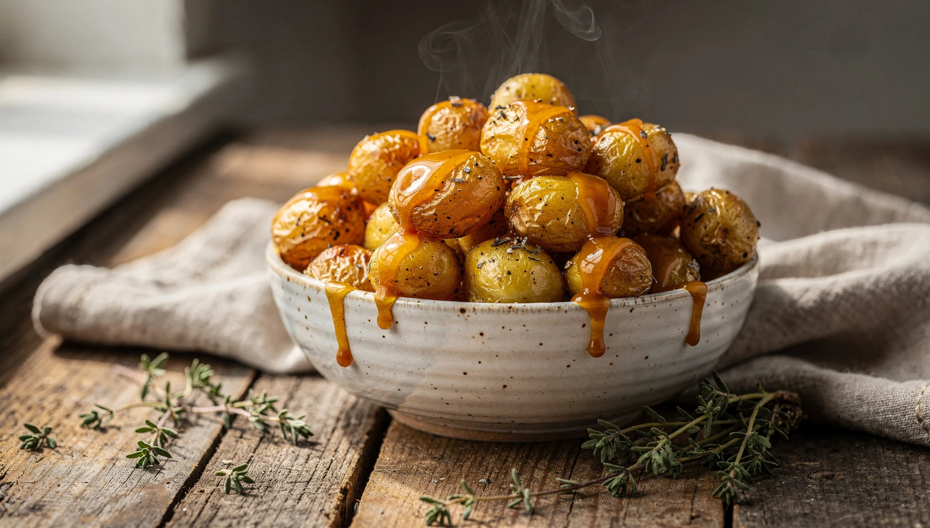 Brunede kartofler, patatas pequeñas caramelizadas con mantequilla y azúcar al estilo danés, servidas en un cuenco de cerámica blanca
