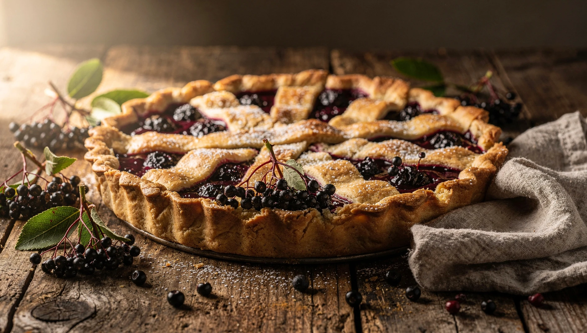 Tarta de buzynnyk ucraniano con relleno de bayas de saúco sobre mesa de madera rústica