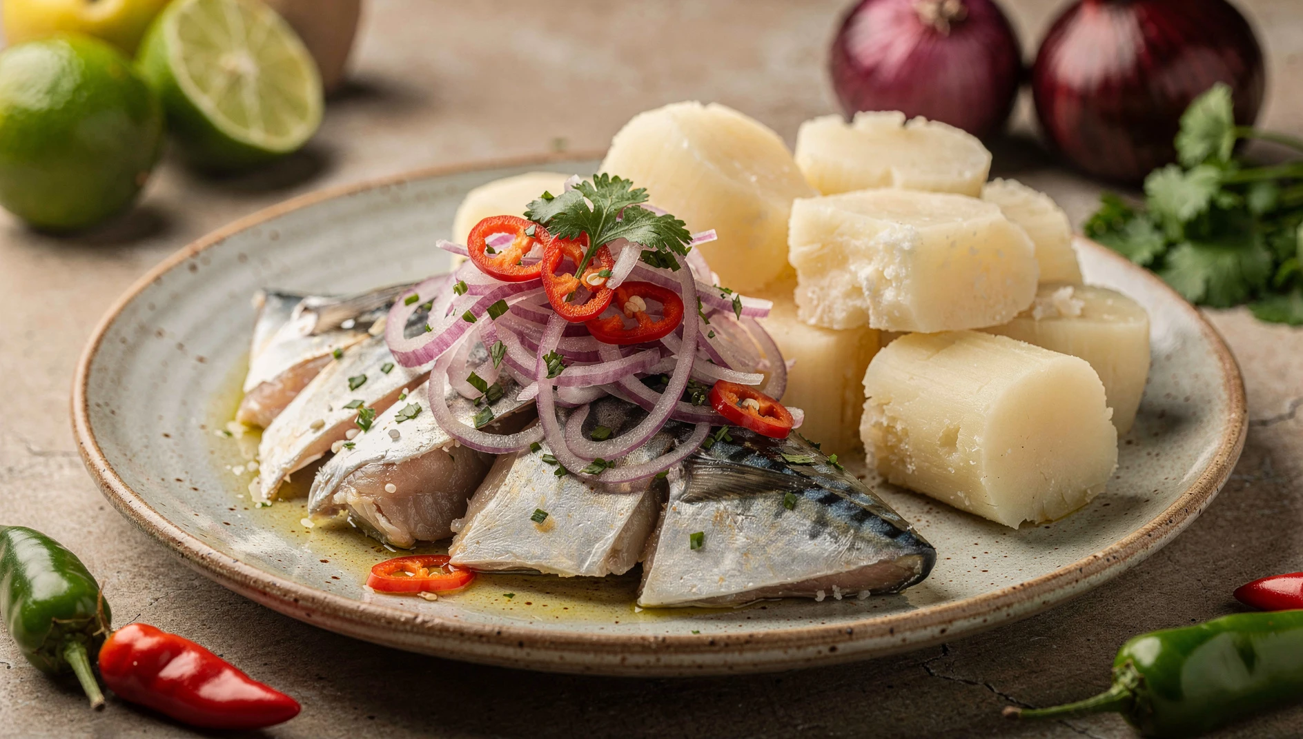 Plato de caballa pasada por agua piurana con salsa criolla de cebolla, ají limo y culantro, acompañada de yuca cocida