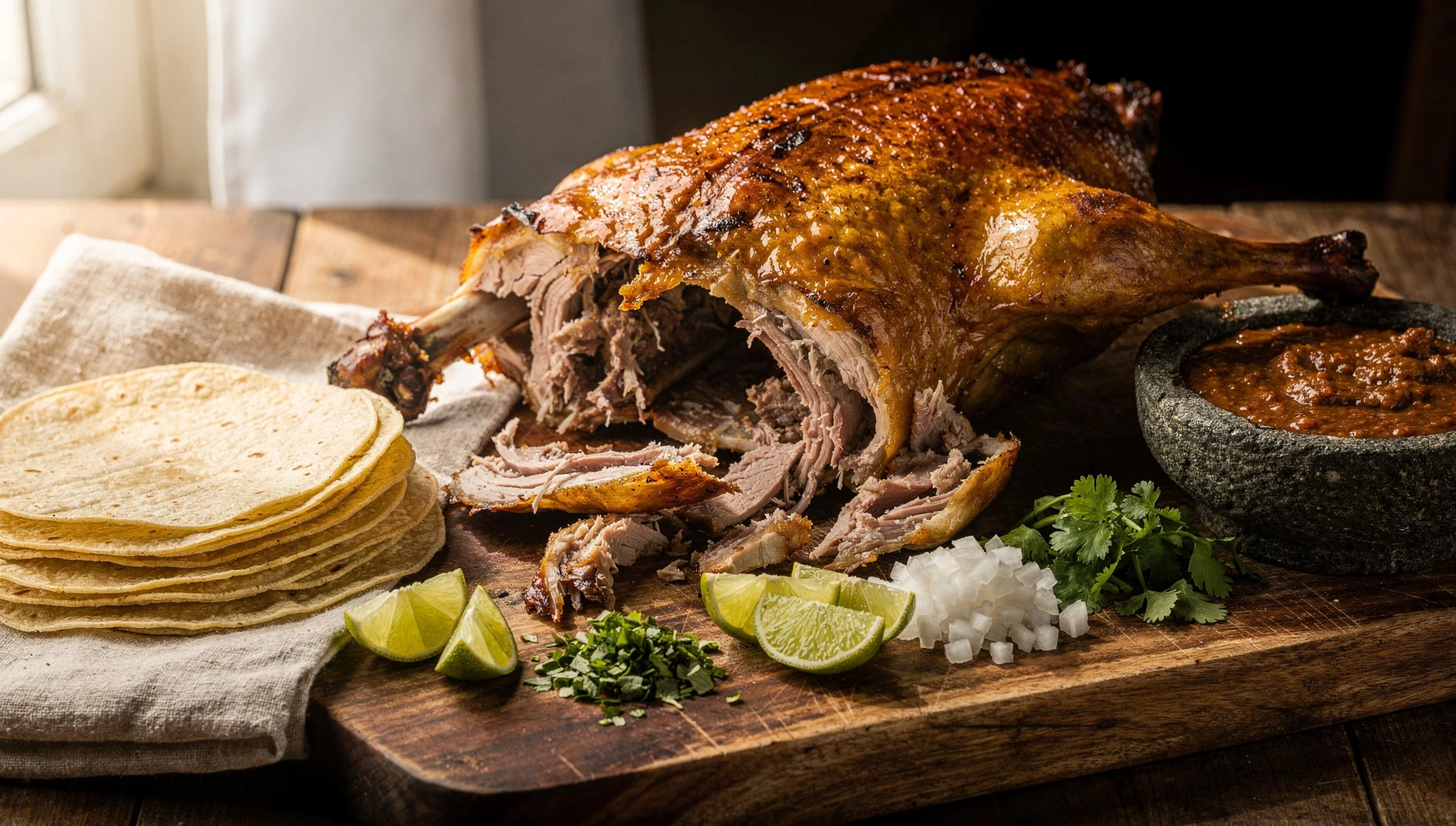Cabrito al pastor recién asado sobre tabla de madera con tortillas, limón, cilantro y salsa molcajeteada