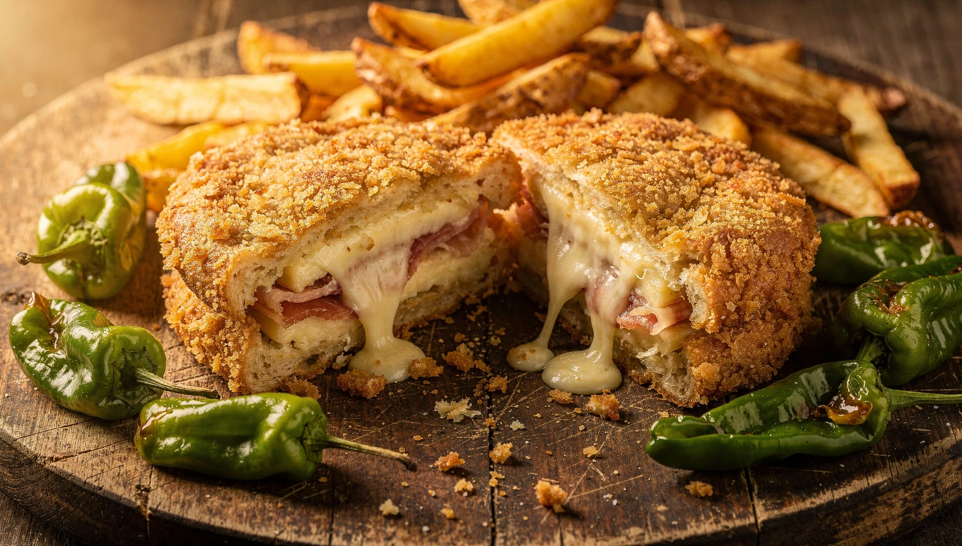 Cachopo asturiano casero recién cortado al medio mostrando el relleno de jamón y queso fundido