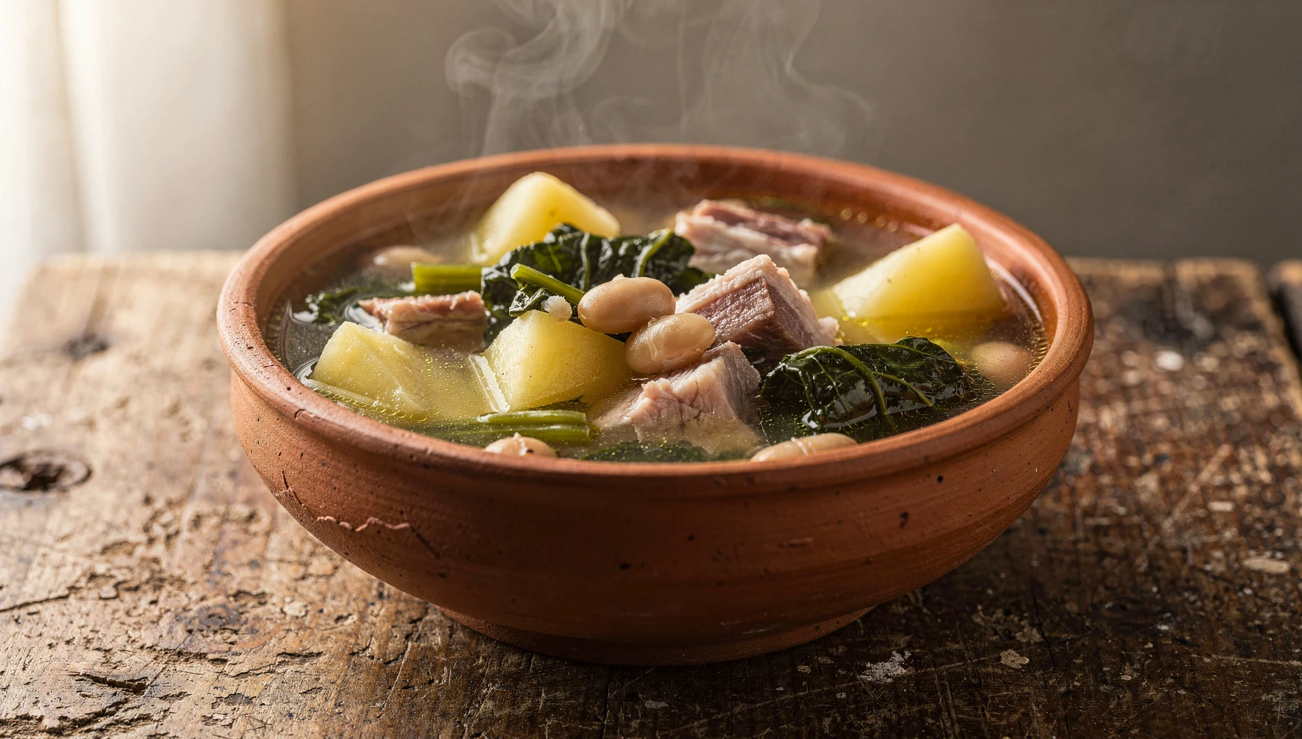 Bol de barro con caldo gallego tradicional humeante, con grelos, alubias blancas, patatas y lacón