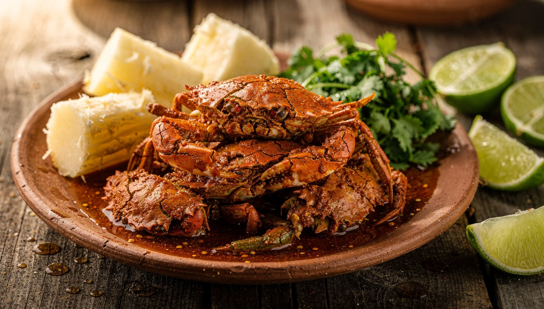 Cangrejos reventados tumbesinos con aderezo de ají panca servidos junto a yuca cocida y cilantro fresco