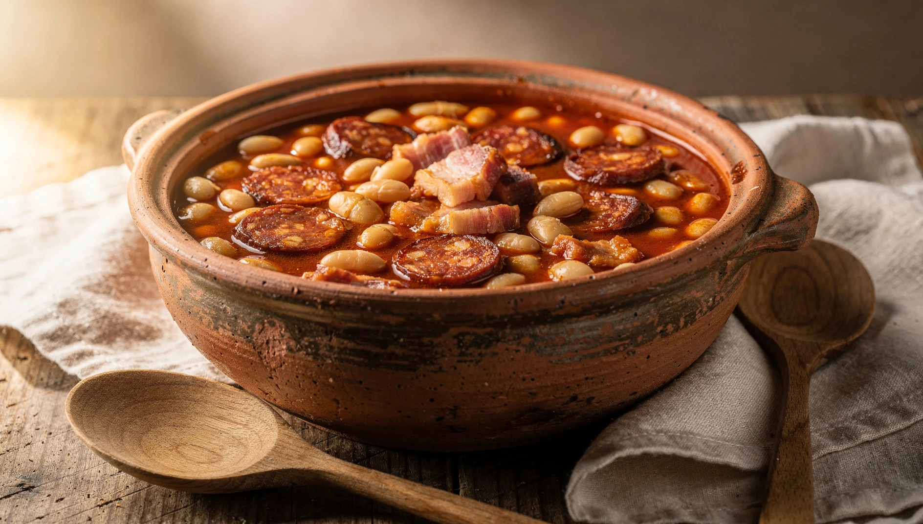 Cazuela de barro con caparrones a la riojana, un guiso de alubias con chorizo y panceta típico de La Rioja