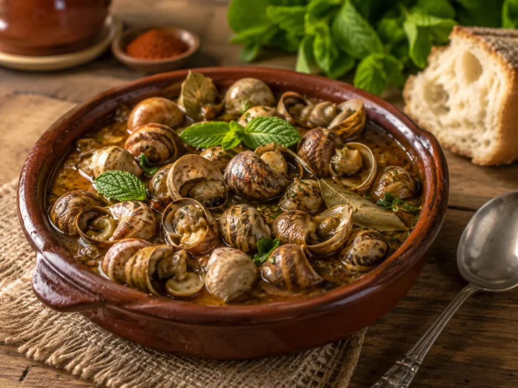 Caracoles cordobeses servidos en cazuela de barro con caldo especiado, hierbabuena y laurel