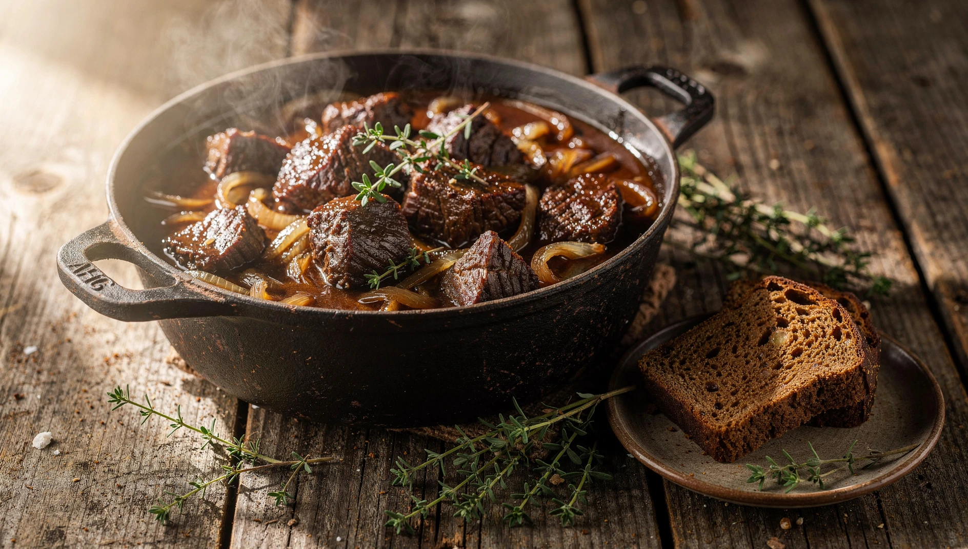 Carbonade flamande en cocotte con ternera al horno en salsa de cerveza oscura y cebolla caramelizada