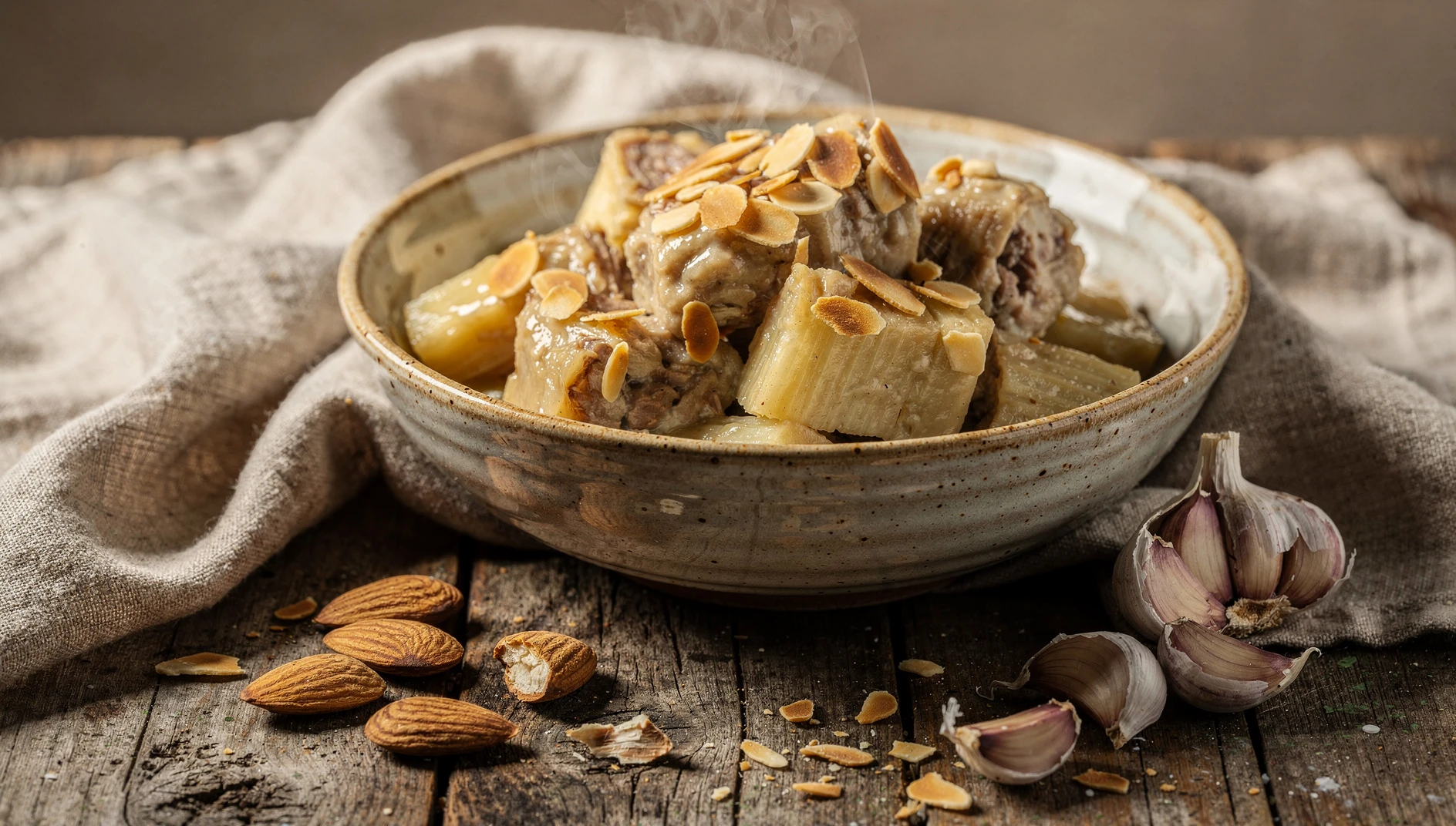 Cardo con almendras en cazuela de barro con almendras tostadas por encima