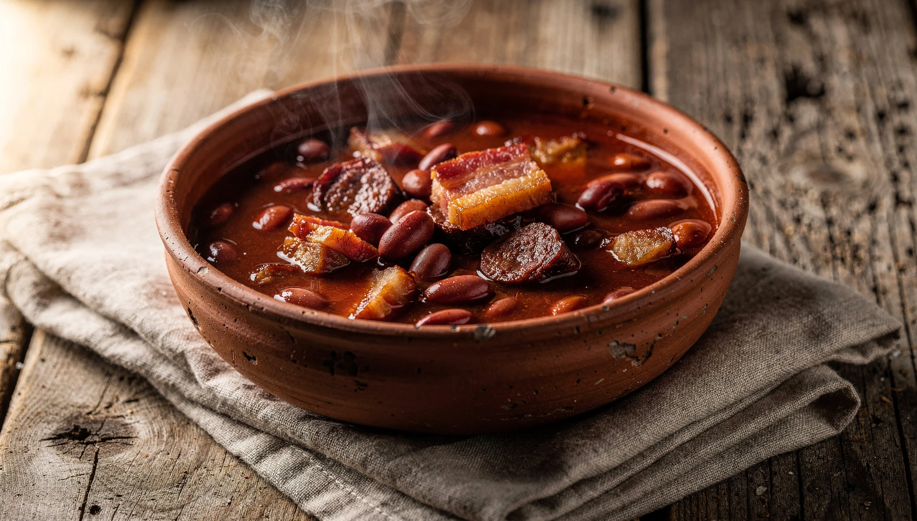 Cuenco de barro con caricos montañeses guisados con chorizo y panceta, receta tradicional de Cantabria