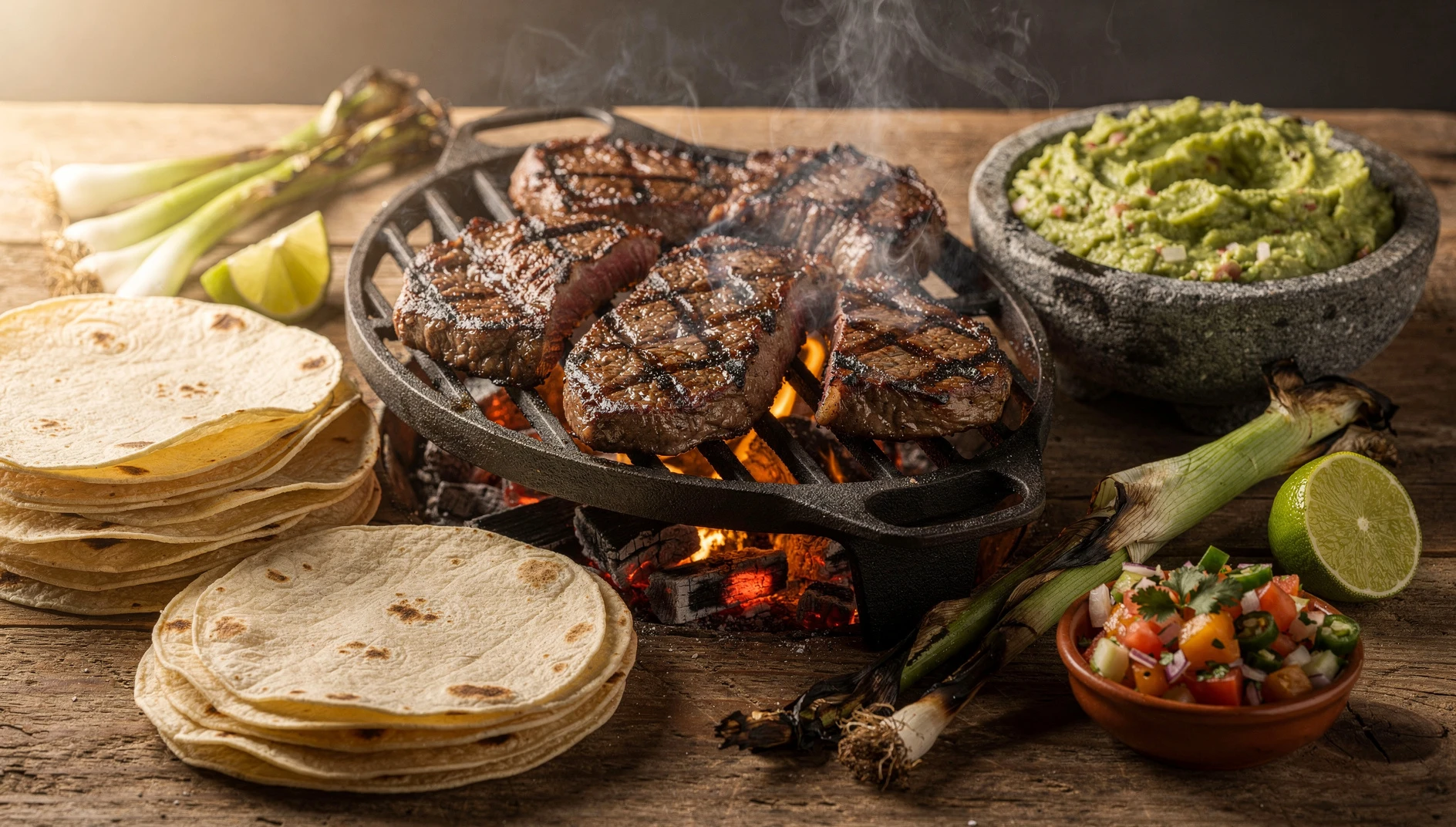 Cortes de carne asada sonorense sobre la parrilla con brasas de mezquite, acompañados de tortillas, guacamole y limones