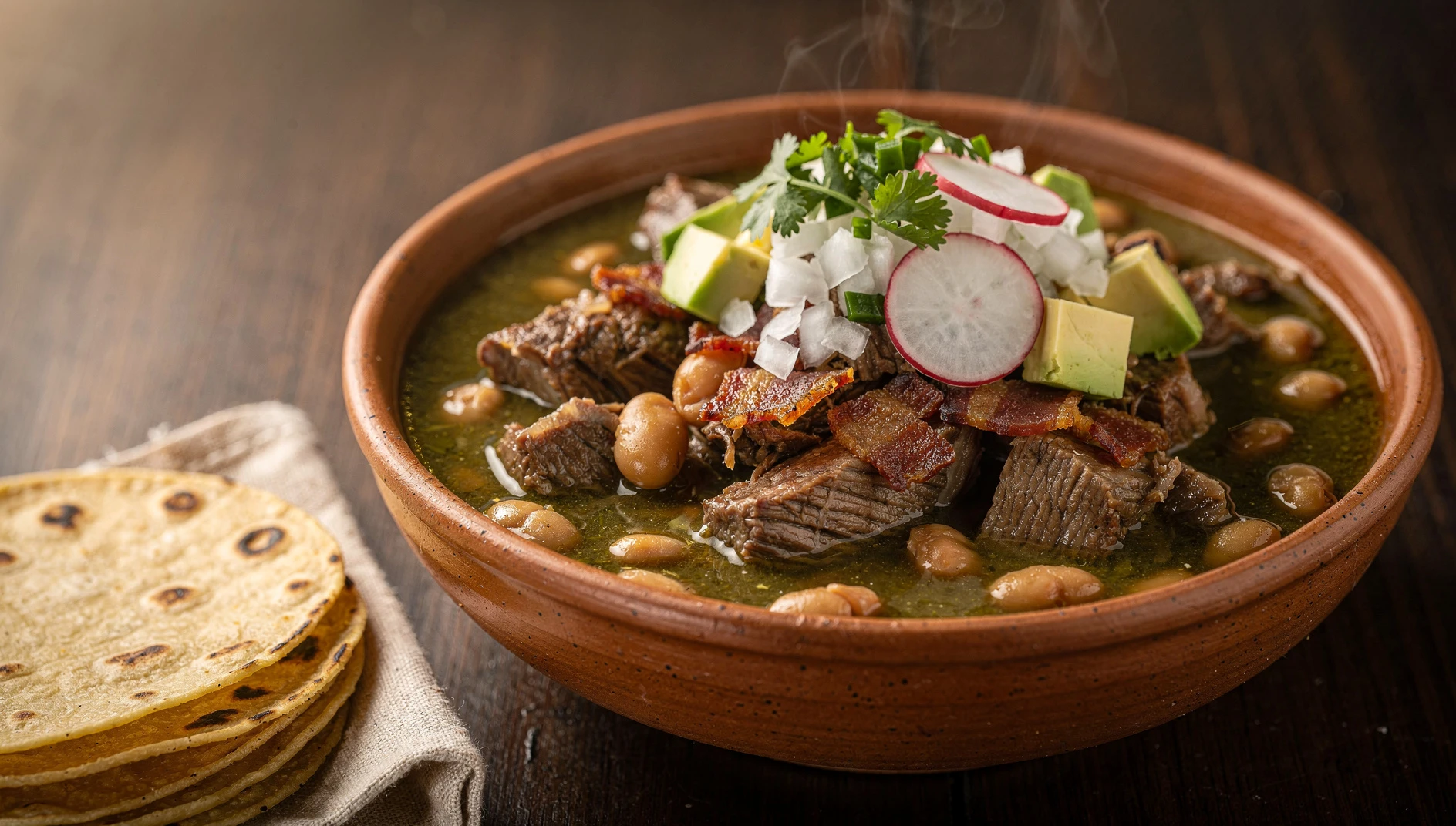 Tazón de carne en su jugo con frijoles, tocino, cilantro y caldo verde servido con tortillas
