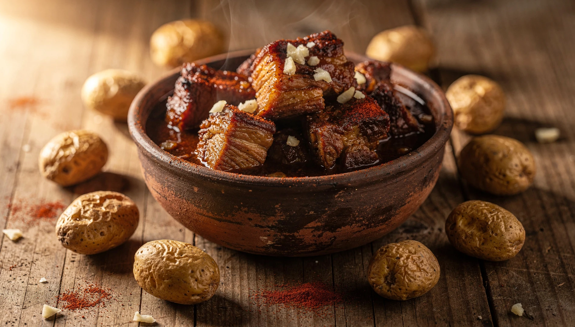 Guiso de carne fiesta canaria servido en cazuela de barro con papas arrugadas al fondo