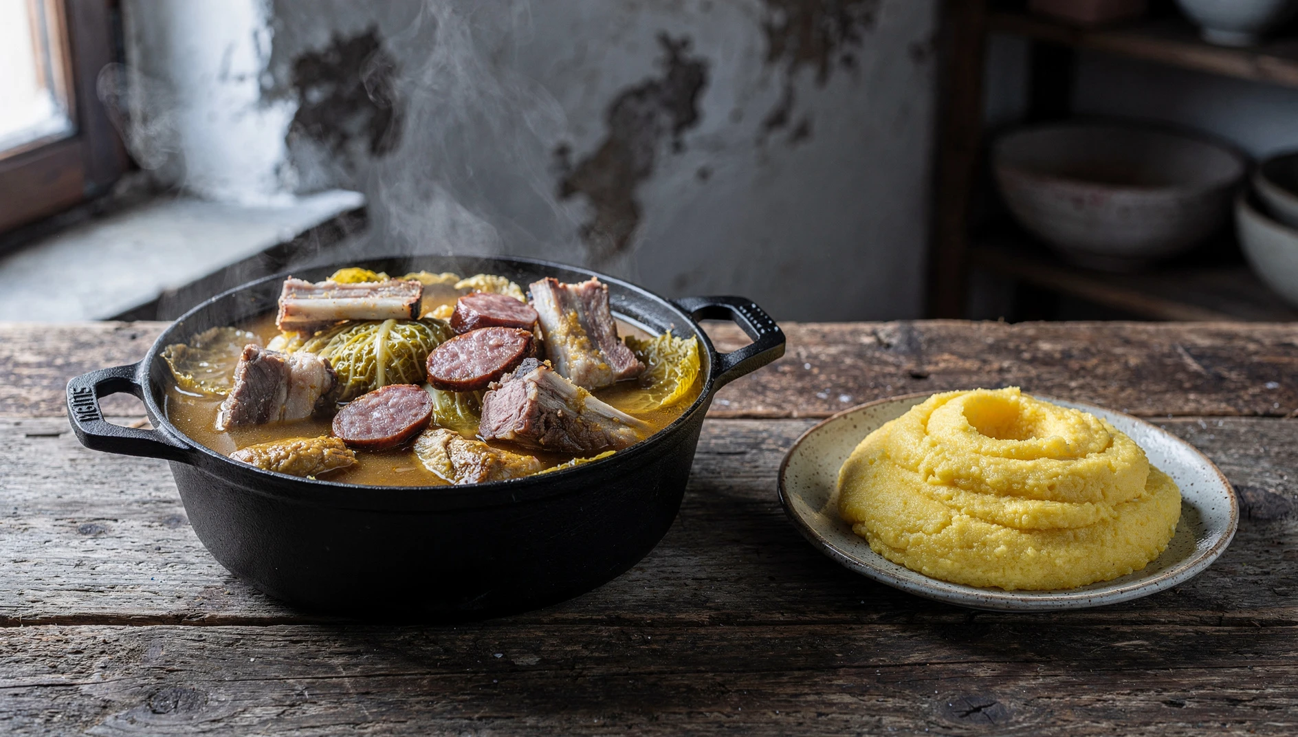 Cazuela de cassoeula lombarda con costillas de cerdo, salchicha y col de Saboya servida junto a polenta cremosa