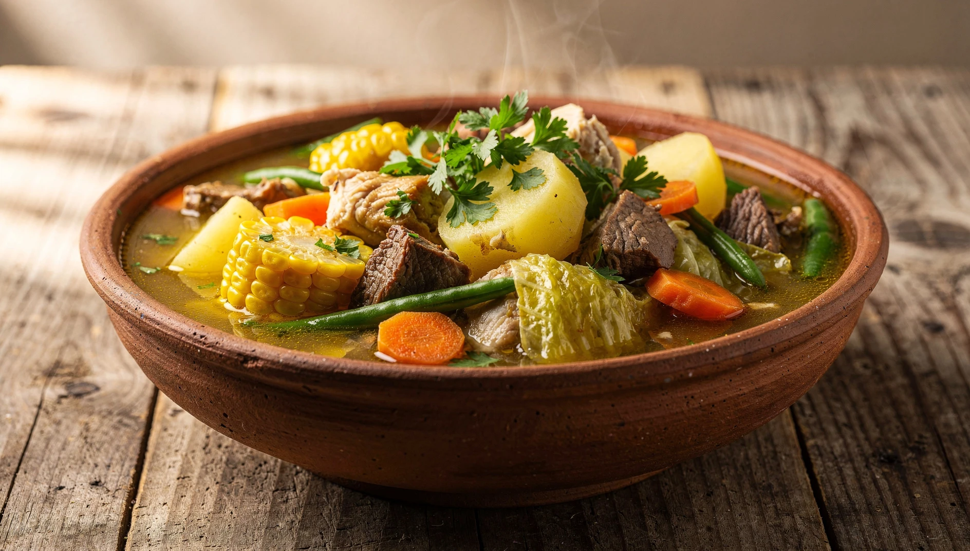 Cazuela tacneña servida en bol de barro con carne, verduras y choclo en caldo dorado