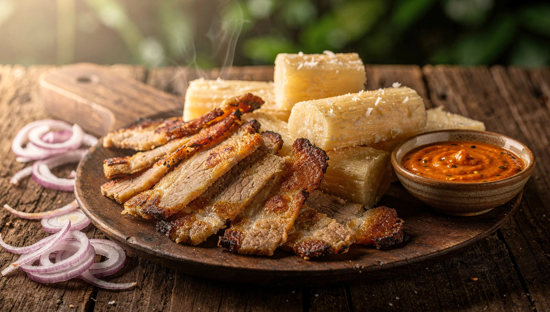 Plato de cecina frita con yuca sancochada y ají de cocona, típico de la gastronomía amazónica peruana