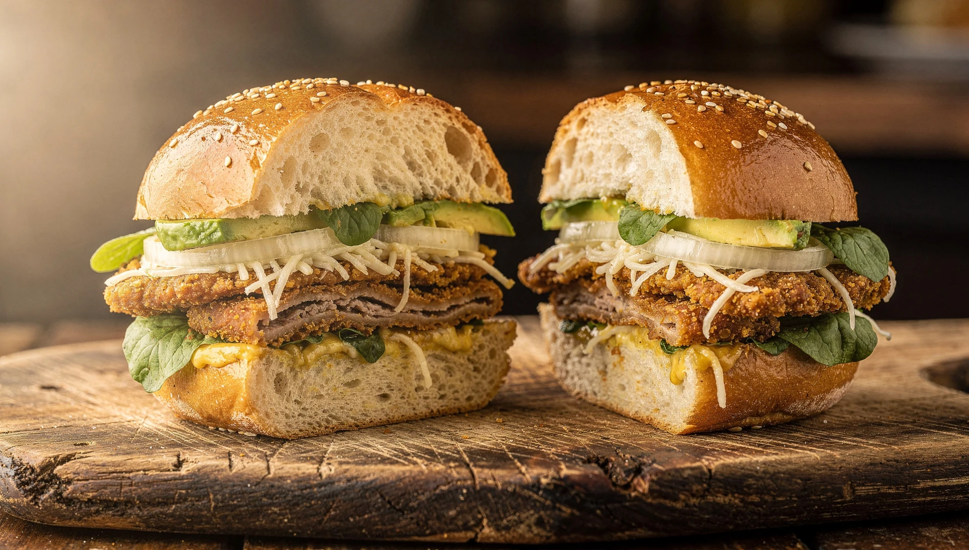 Cemita poblana con milanesa de res, quesillo deshebrado, aguacate y hojas de pápalo sobre tabla de madera