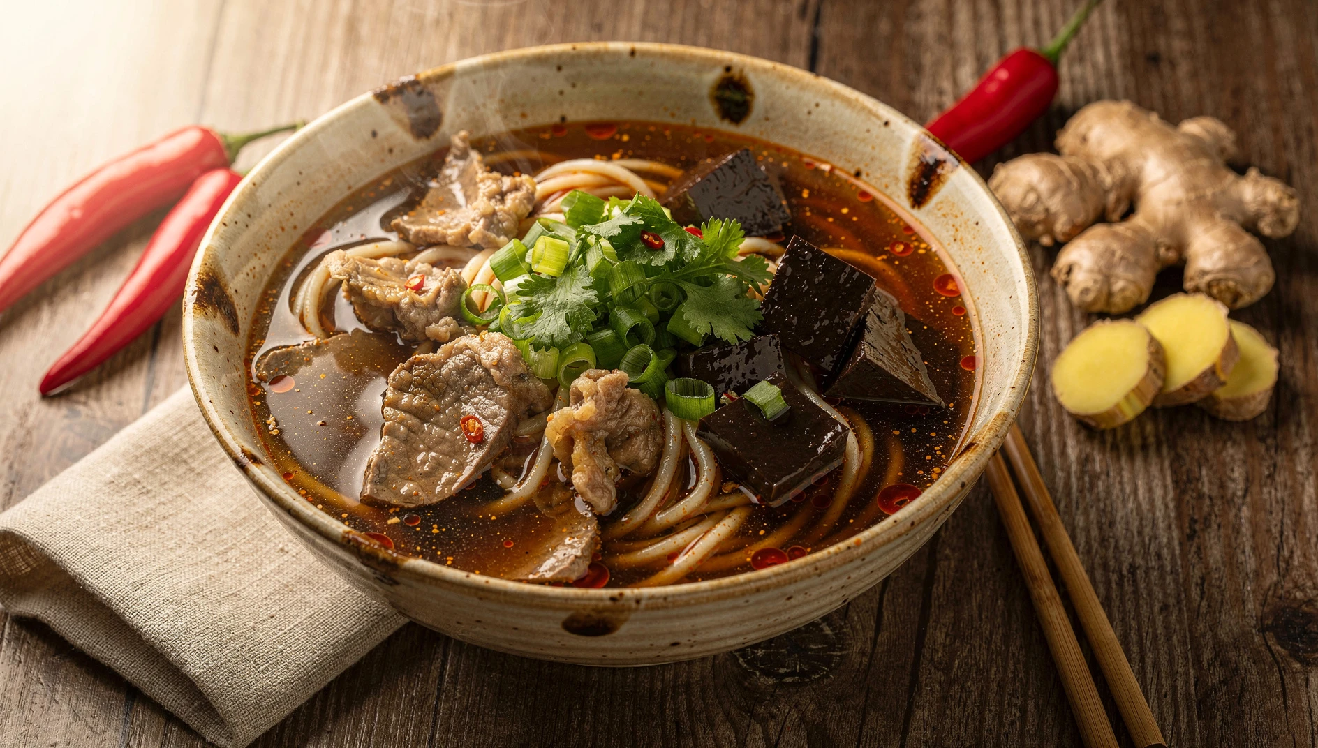Bol de Changwang Mian de Guizhou con noodles, casquería de cerdo, sangre coagulada y caldo picante decorado con cebolleta y cilantro