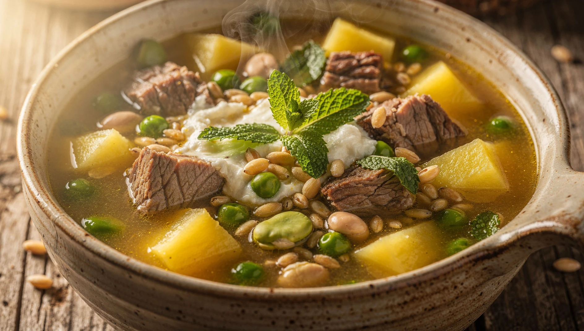 Plato hondo de chaque arequipeño con trigo, trozos de carne, papas y hojas de hierbabuena fresca