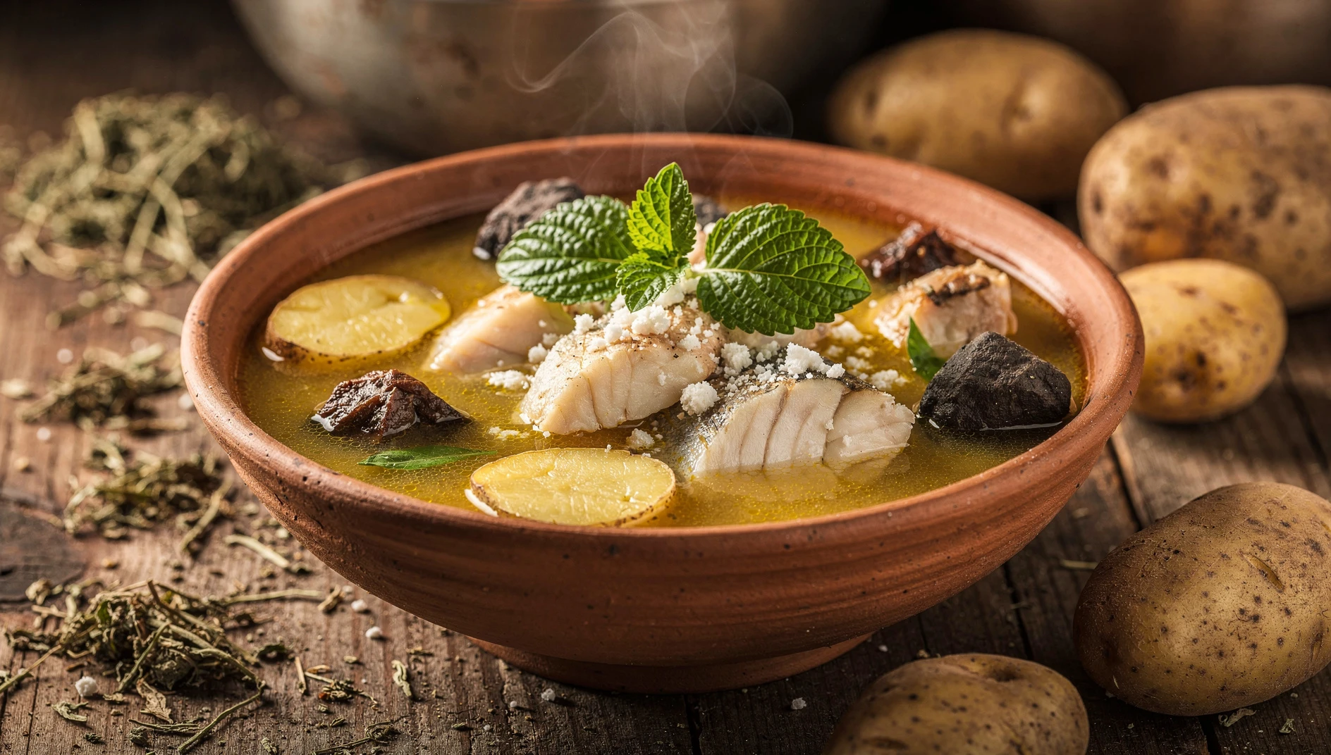 Bol de chaulla thimpo puneño con trozos de pescado, papas andinas y hierbas frescas