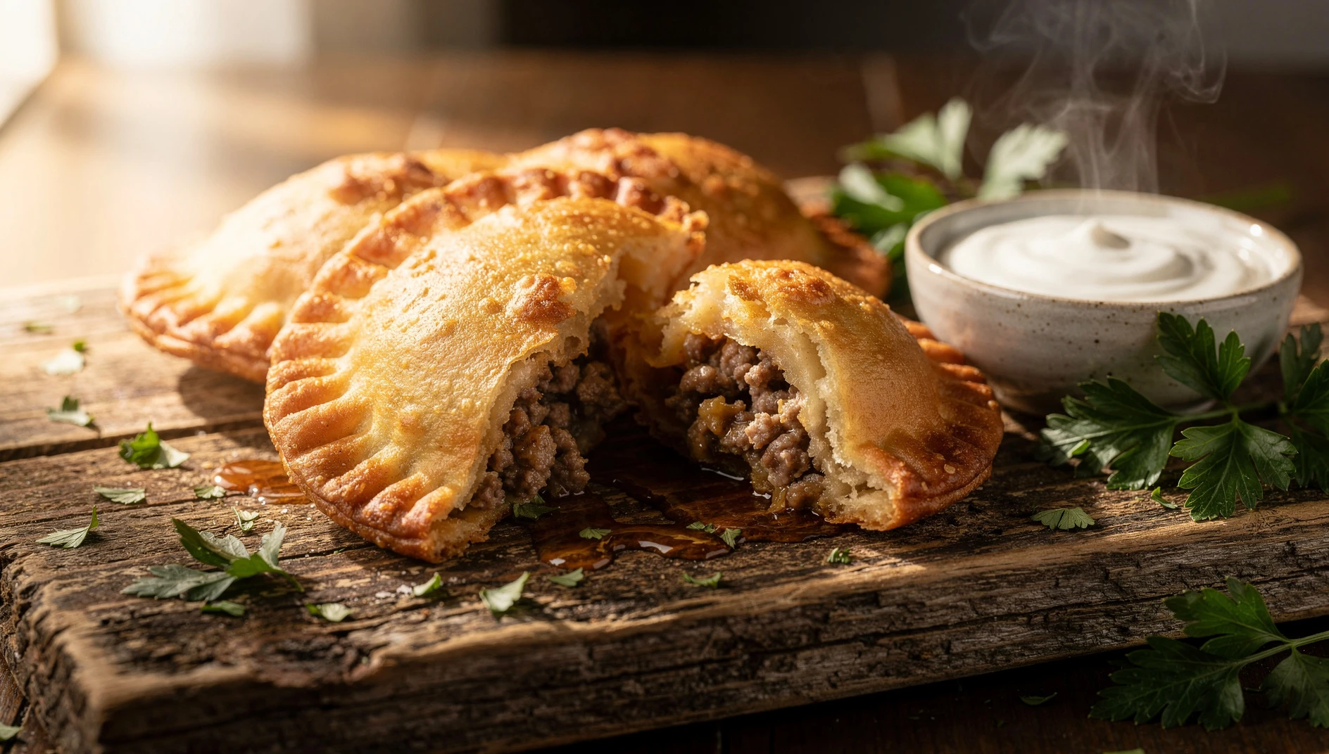Chebureks fritos dorados y crujientes con relleno de carne picada, servidos sobre tabla de madera con perejil fresco