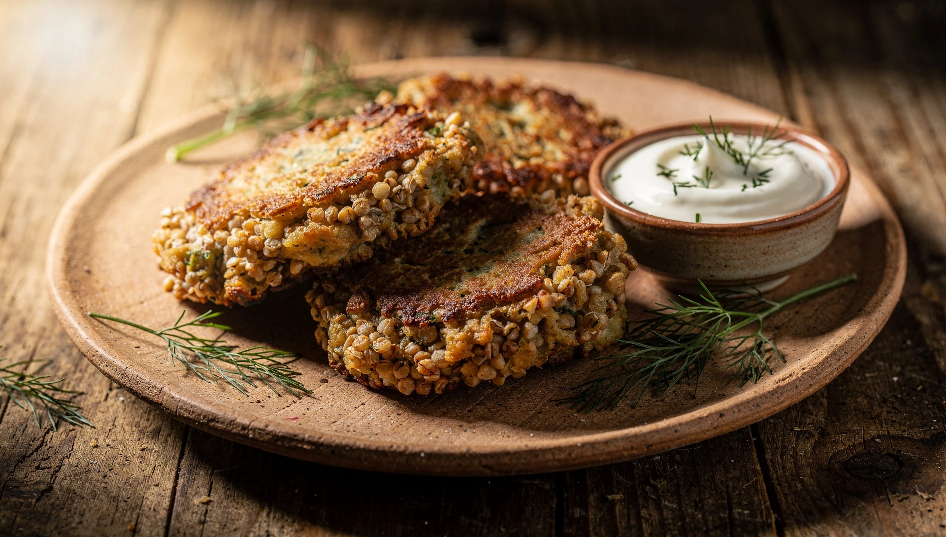Chepets de trigo sarraceno dorados en un plato de barro con crema agria y eneldo fresco