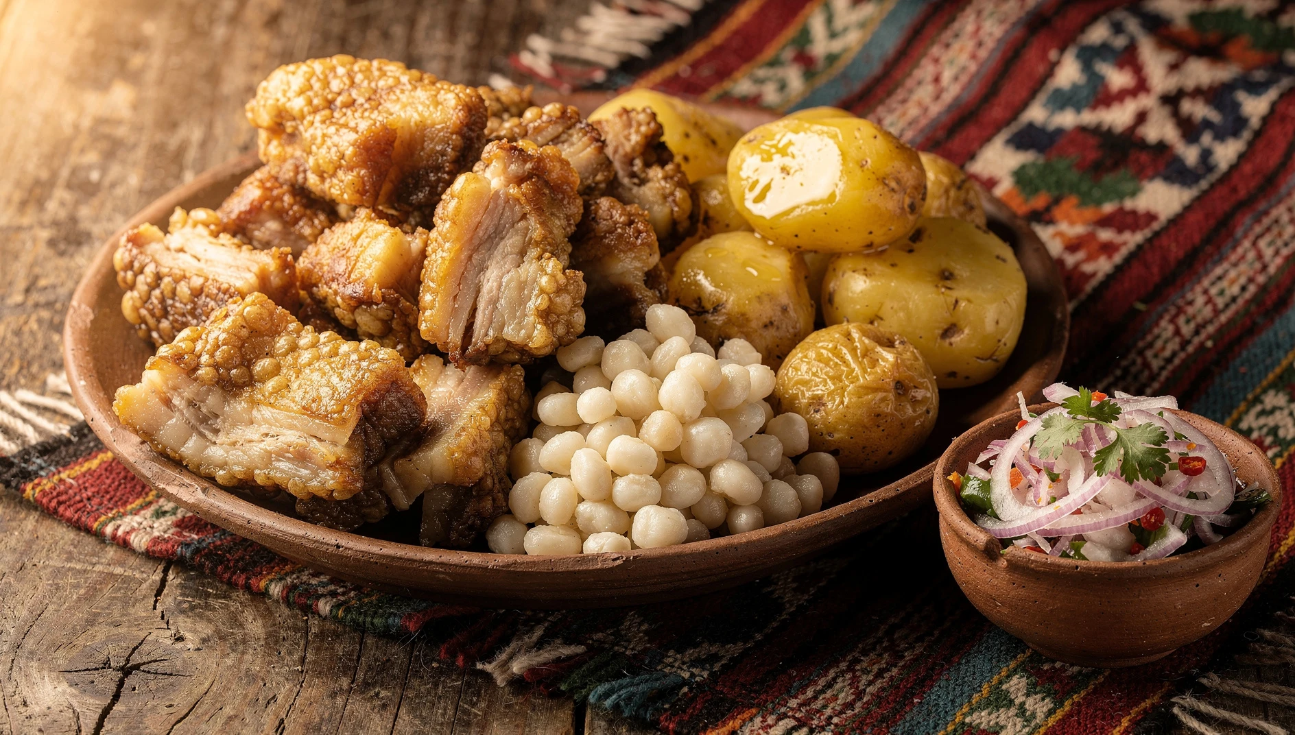 Plato de chicharrón con mote cajamarquino servido con papas y salsa criolla sobre mesa rústica