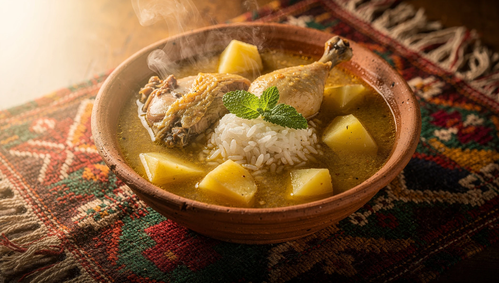 Plato de chichincaldo pomabambino con gallina, papas y hierbabuena en caldo dorado de chicha de jora