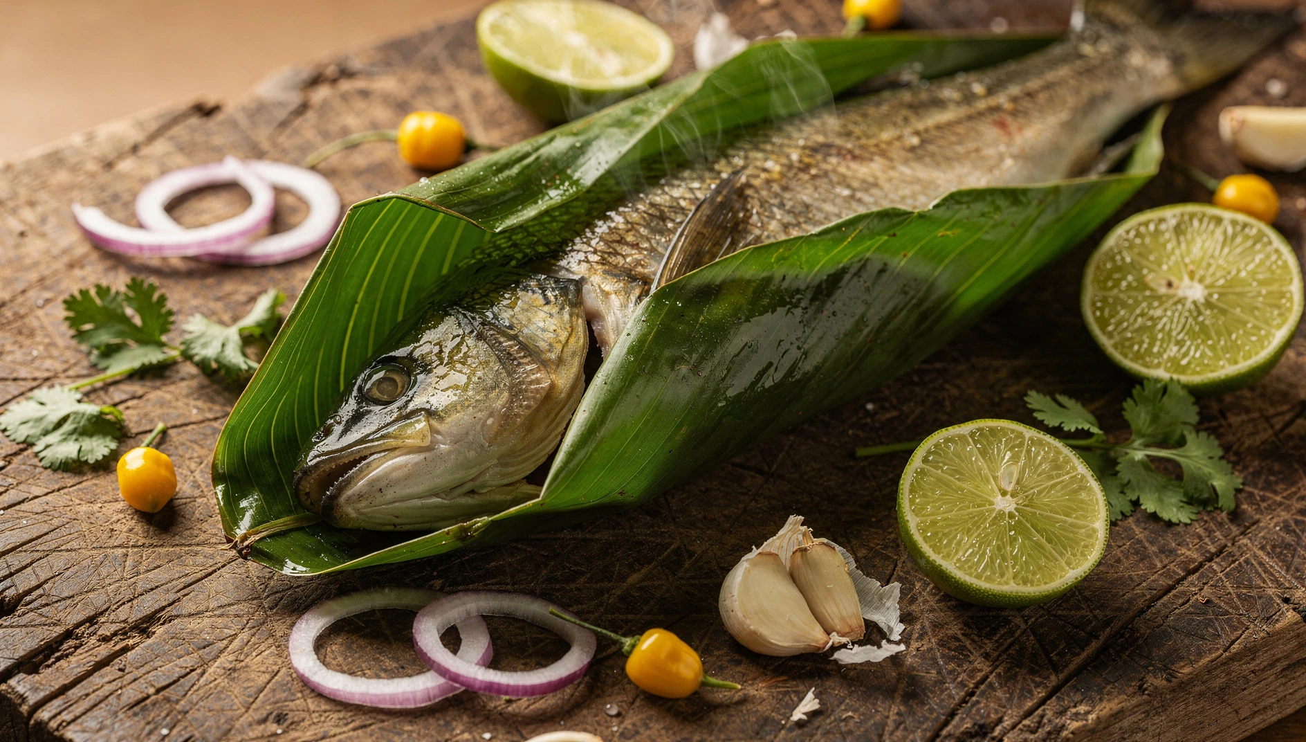 Chipado de pescado sanmartinense envuelto en hoja de bijao abierta sobre tabla de madera rústica con ingredientes amazónicos alrededor