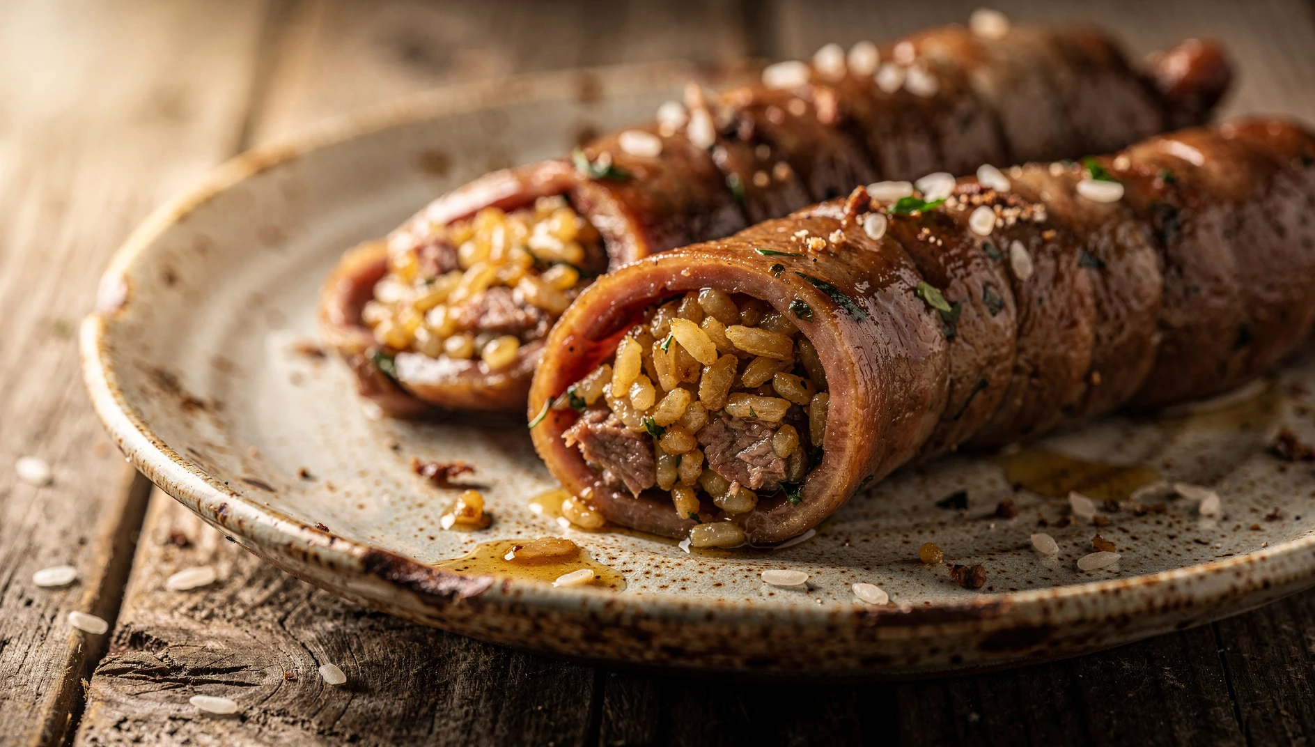 Chiretas aragonesas servidas en plato de cerámica rústica con relleno de arroz y carne de cordero