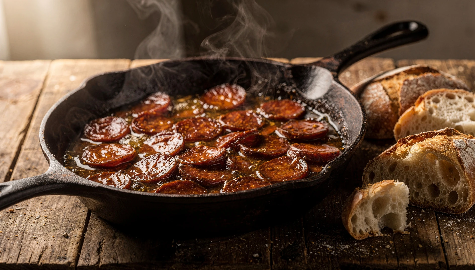 Rodajas de chorizo asturiano cocinadas en sidra natural con salsa reducida y pan rústico