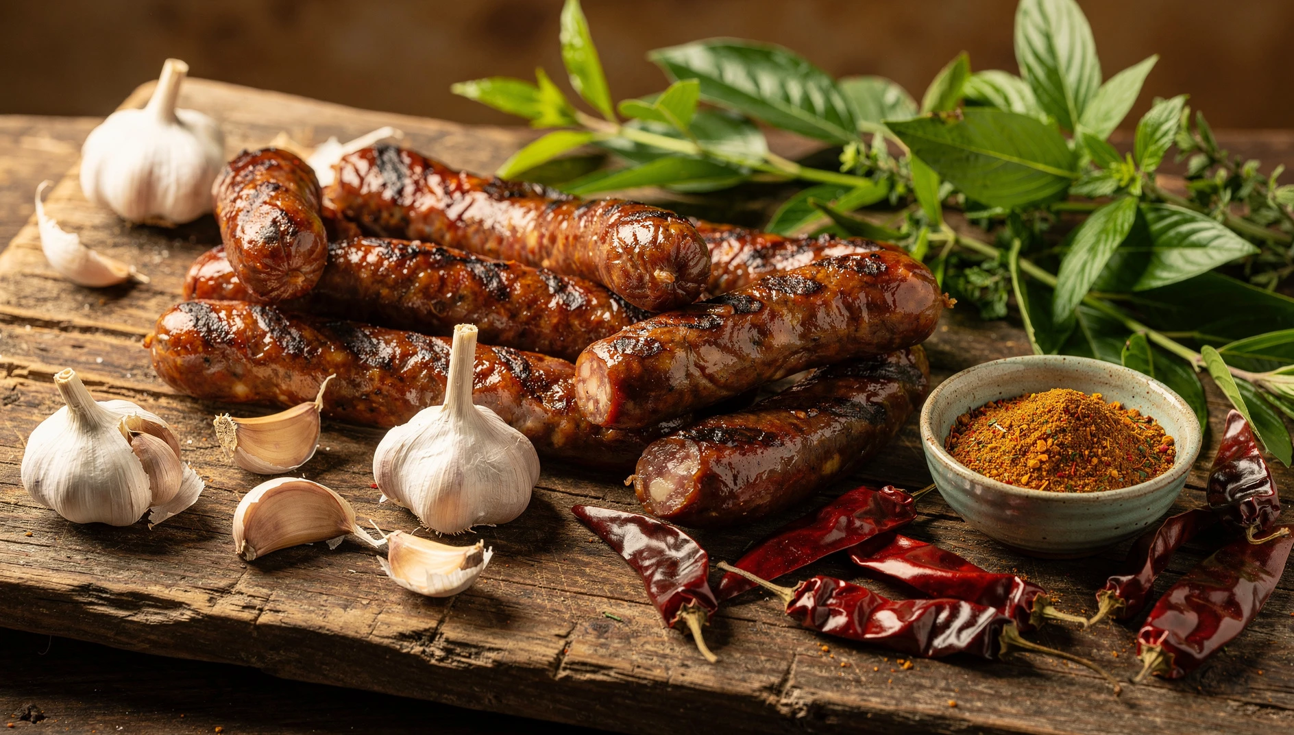 Chorizos amazónicos caseros a la parrilla sobre tabla de madera rústica con especias y ajíes de la selva peruana