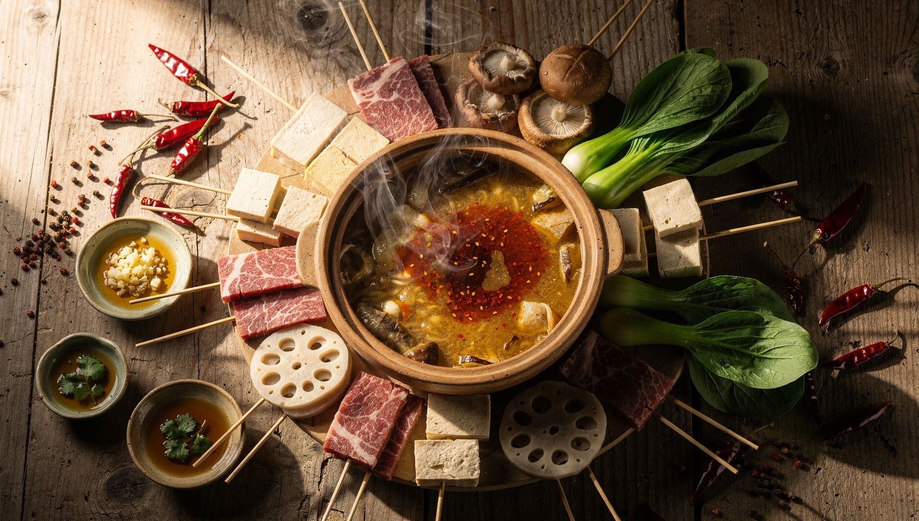 Olla de caldo picante málà con brochetas de carne, tofu, setas y verduras sobre mesa de madera rústica