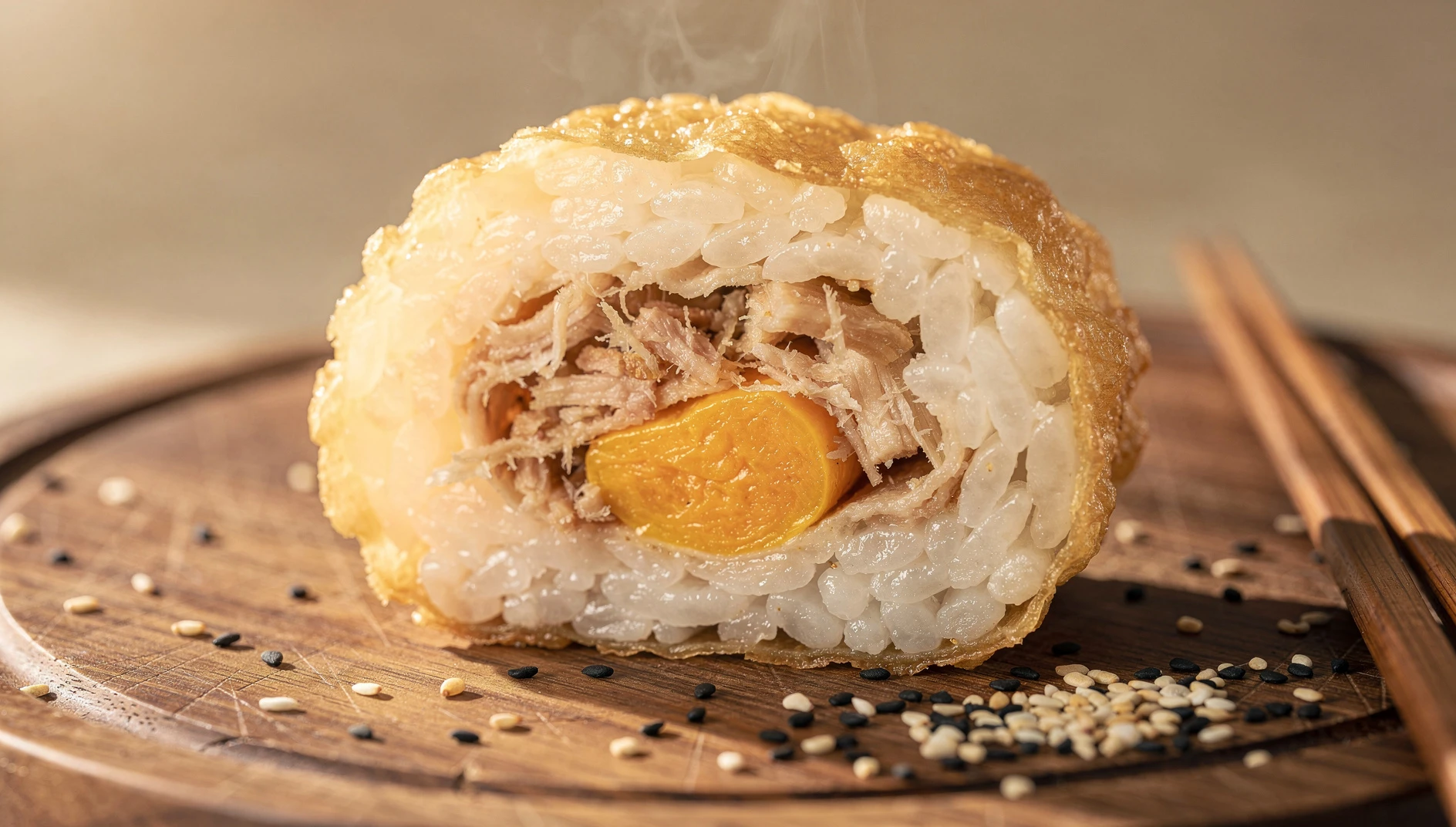 Cifantuan de Shanghái cortado por la mitad mostrando relleno de youtiao, cerdo desmenuzado y yema de huevo salado