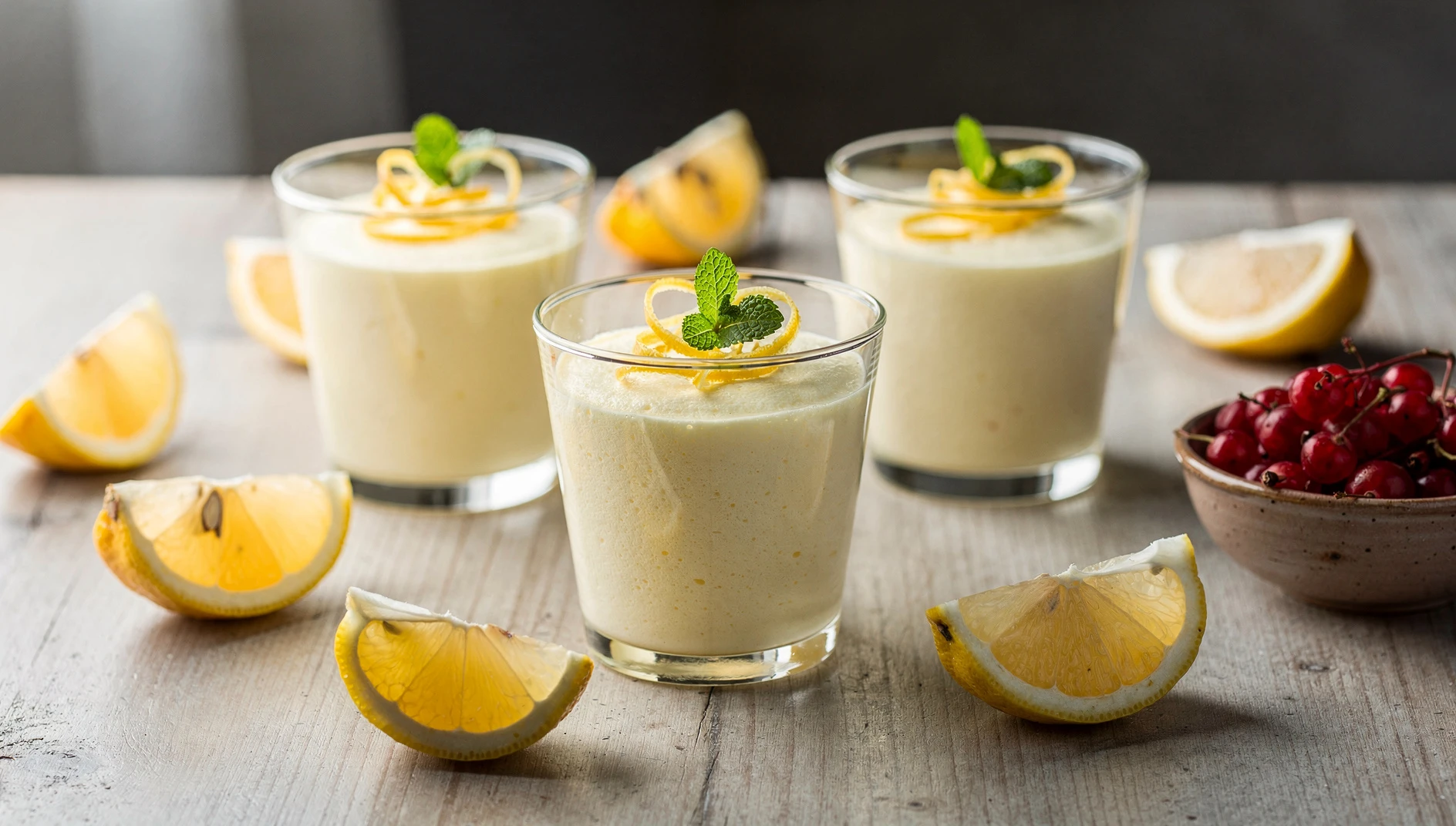 Citronfromage, mousse danesa de limón servida en copas de cristal con ralladura de limón y menta fresca
