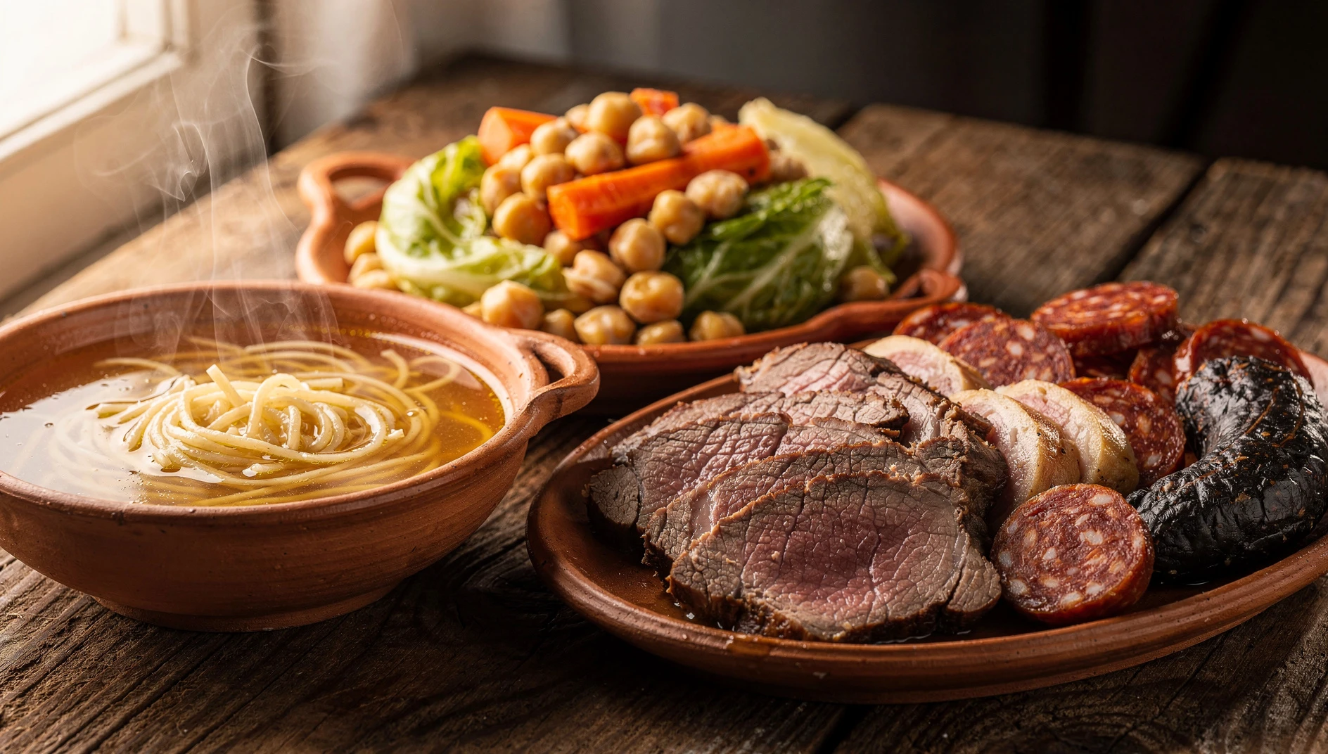 Cocido madrileño tradicional servido en tres vuelcos con garbanzos, carnes, verduras y caldo